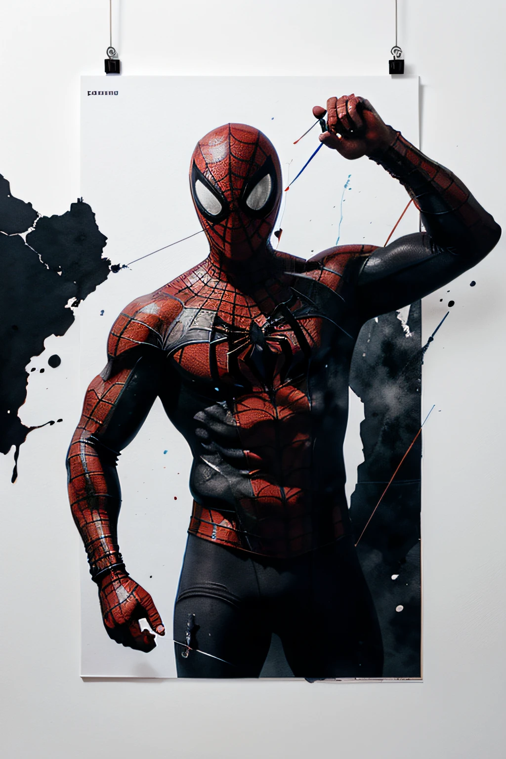 t-shirt design, minimalistic ink drawing style, vanishing point on white paper, Spiderman in a cave. watercolor splash, with name "ARCHERY", in black and white, but with only a few red and blue eccents ,art incorporated as complimentary elements, poster, photo, cinematic, 3d render, illustration, typographyv0.1