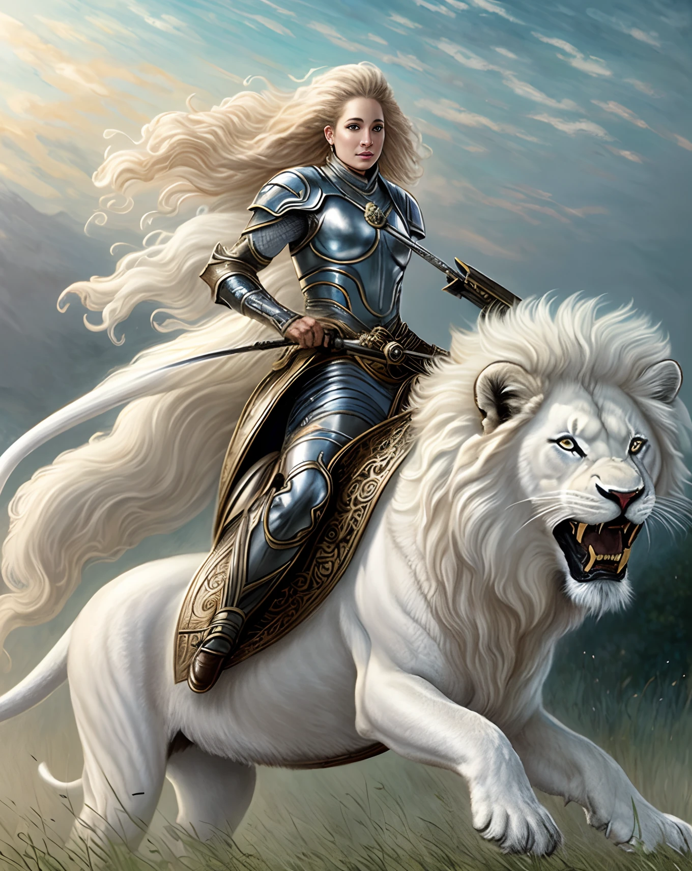 In the enchanting style of Boris Vallejo and Julie Bell, behold a mesmerizing vision of a breathtaking Woman astride a majestic lion. Her flowing red dress dances in the wind, accentuating her grace and poise, while her obsidian tresses cascade down her back. With regal elegance, she clutches a flag aloft, proudly showcasing The Shock Coat of Arms. The flag unfurls, revealing a meticulously crafted design—a shield divided into four quadrants. A resplendent golden lion commands attention upon a backdrop of vibrant red. Adjacent, a silver chevron gleams against a backdrop of deep blue, evoking strength and protection. A golden wheat sheaf, a symbol of abundance, sways upon a verdant green field. Finally, a silver crescent moon illuminates a profound black abyss. Above the shield, a golden helmet adorned with blue and white mantling houses a triumphant golden lion rampant, while a loyal golden griffin and a wise silver stag stand as supporters. As our awe-inspiring duo takes center stage, an awe-inspiring castle emerges in the backdrop. Majestic turrets soar skyward, proclaiming the might and grandeur of a bygone era. The ethereal light bathes the scene, suffusing it with an otherworldly glow, as if the very essence of magic resides within ultra 16k,(((masterpiece))), (((best quality))), ((ultra-detailed)), (highly detailed CG illustration), ((an extremely delicate and beautiful)),(from the side), cinematic light,solo, full body,(sitting), expressionless, character focus),, fantasy, extremely detailed, colorful, Digital Painting, Yanjun Cheng, Anna Dittmann, Beautiful, Vibrant, Digital Painting, Digital Illustration, Extreme Detail, Digital Art, 4k, Ultra Hd --auto --s2