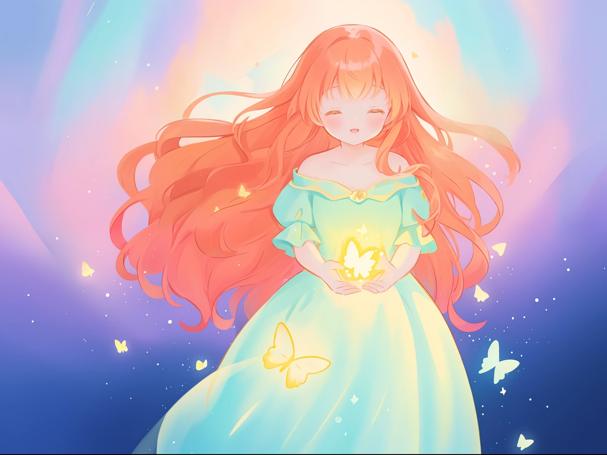 beautiful girl in flowing puffy gradient gold to aqua ballgown, ((glowing gold butterflies)), flowing sheer sleeves, (gradient yellow to aqua ballgown skirt), long sparkling red orange hair, fantasia background, watercolor illustration, inspired by Glen Keane, inspired by Lois van Baarle, disney art style, by Lois van Baarle, glowing aura around her, by Glen Keane, jen bartel, glowing lights! digital painting, flowing glowing hair, glowing flowing hair, beautiful digital illustration, fantasia otherworldly landscape plants flowers, beautiful, masterpiece, best quality, anime disney style