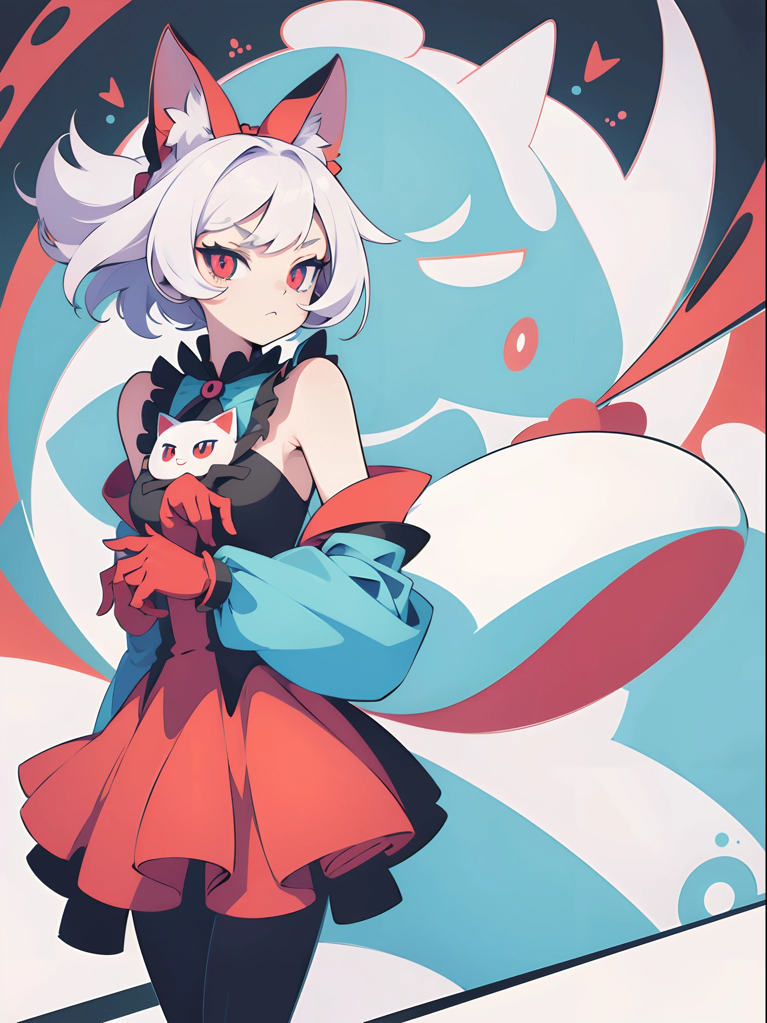 flat design, material design, deformed pop art, Adobe Illustrator, anime fancy character, cat from Alice's adventures in wonderland, red and staring eyes, evil face, cat hand gloves.