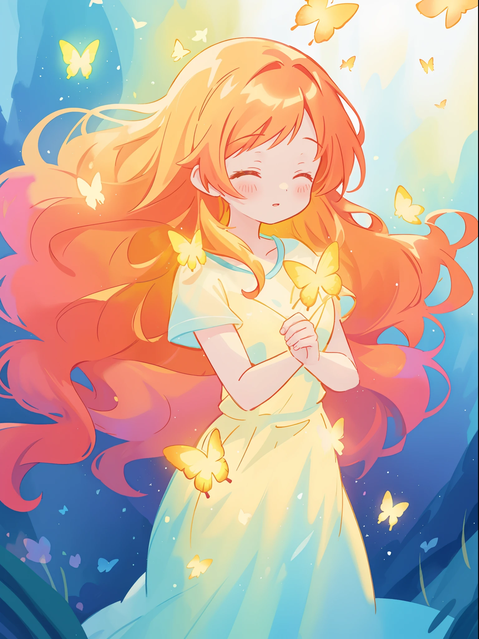 beautiful girl in flowing puffy gradient gold to aqua ballgown, ((glowing yellow butterflies)), long sparkling red hair, fantasia magical landscape background, watercolor illustration, inspired by Glen Keane, inspired by Lois van Baarle, disney art style, by Lois van Baarle, glowing aura around her, by Glen Keane, jen bartel, glowing lights! digital painting, flowing glowing hair, glowing flowing hair, beautiful digital illustration, fantasia otherworldly landscape plants flowers, beautiful, masterpiece, best quality, anime disney style