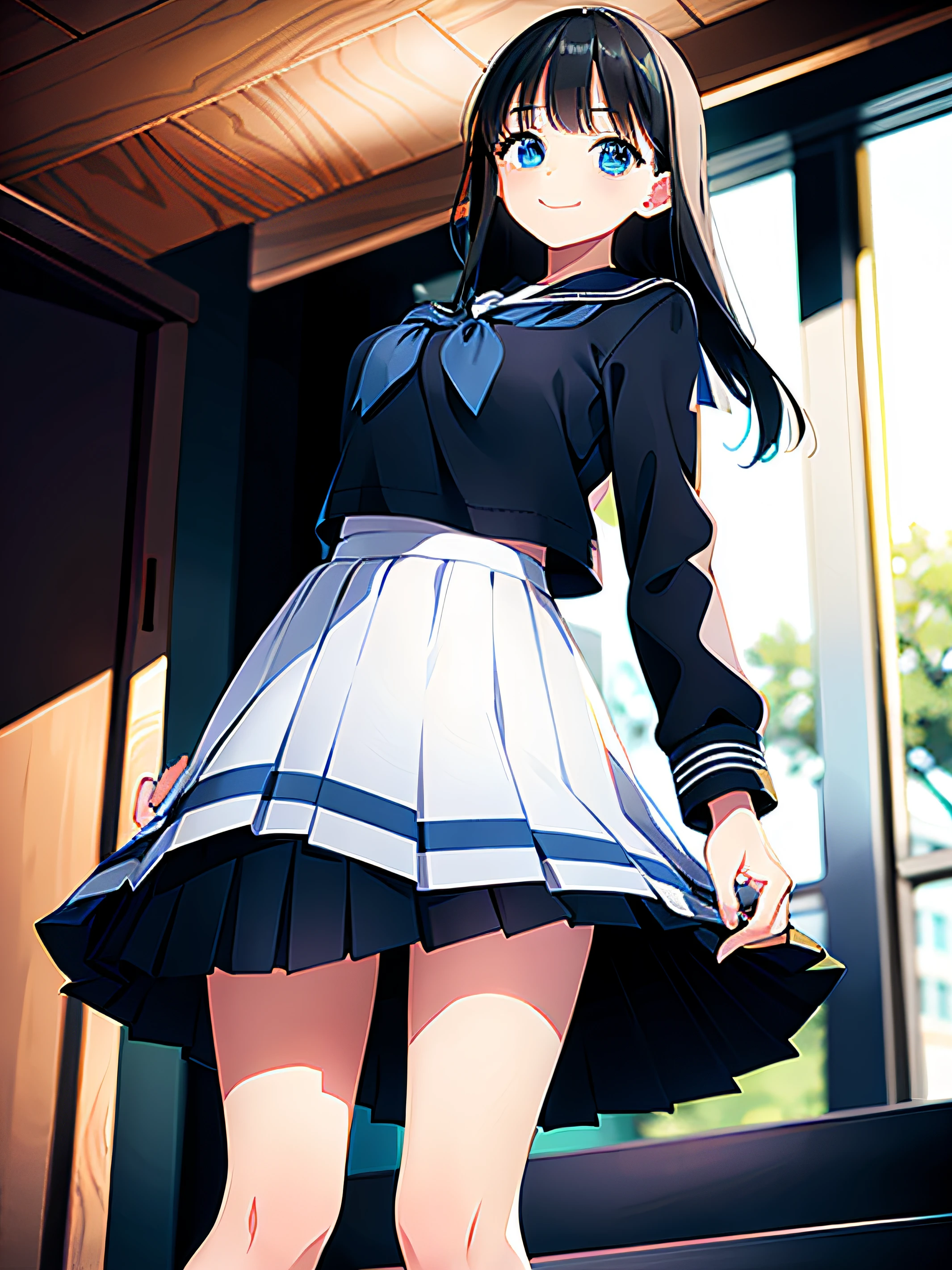 1girl, school uniform, skirt, solo, long hair, blue eyes, serafuku, black hair, sailor collar, shirt, long sleeves, blurry, looking at viewer, bow, blurry background, white shirt, stairs, pleated skirt, black skirt, smile, blue bow, bangs, depth of field, black sailor collar, standing, indoors, neckerchief, closed mouth, bowtie, blue skirt, akebisailor,  Girl seen from the floor, It's okay to wear a skirt, View from below, I can see my panties, medium breasts, ((Very detailed)), (Perfectly detailed face), (Highly detailed hands), Photorealistic images,White panty,up skirt,Lace panties, Girl seen from the floor, It's okay to wear a skirt, View from below, I can see my panties, medium breasts, ((Very detailed)), (Perfectly detailed face), (Highly detailed hands), Photorealistic images,White panty,up skirt,Lace panties, a girl shirt and skirt, seated showing her underwear, ((a view from below)), stockings or pantyhose, ((upskirt)), camel toe, sexy underwear, medium breasts, legs open, (very detailed), (perfectly detailed face), (detailed face), (detailed hand), photorealistic image.