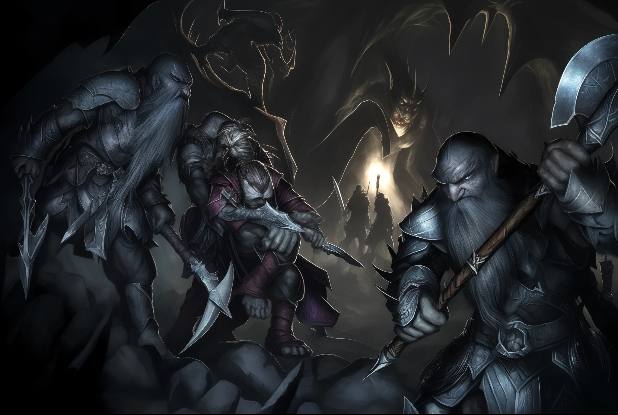 a close up of a group of people with axes in a cave, epic elder scrolls art, dungeons and dragons artwork, dungeon and dragons art, epic rpg artwork, dungeons and dragons fantasy art, d&d dark fantasy style, dungeons and dragons art, d&d artwork, amazing d & d dark sun art, amazingly detailed d & d art