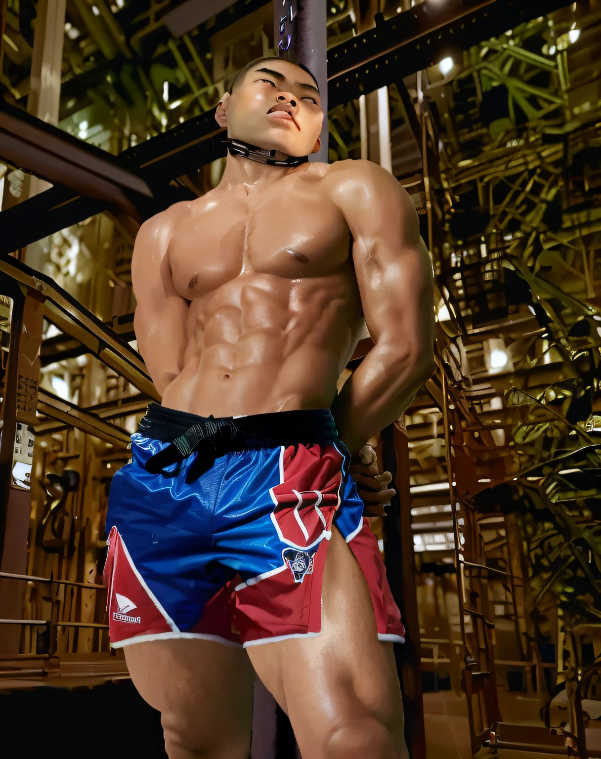 arafed man with no shirt on posing in a gym, steven klein, thawan duchanee, super buff and cool, speedo, 6 pack, shirtless :: high detail, a muscular, buff man, heroic muay thai stance pose, six packs, sporty physique, damien tran, exaggerated muscle physique, kickboxer fighter, chiseled muscles