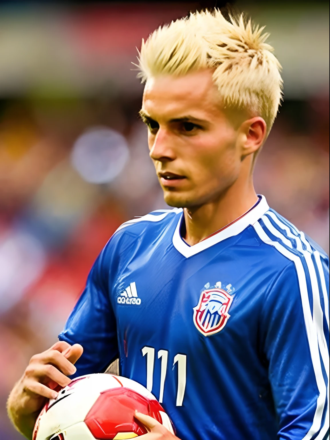 Homem Soccer Player de cabelo platinado