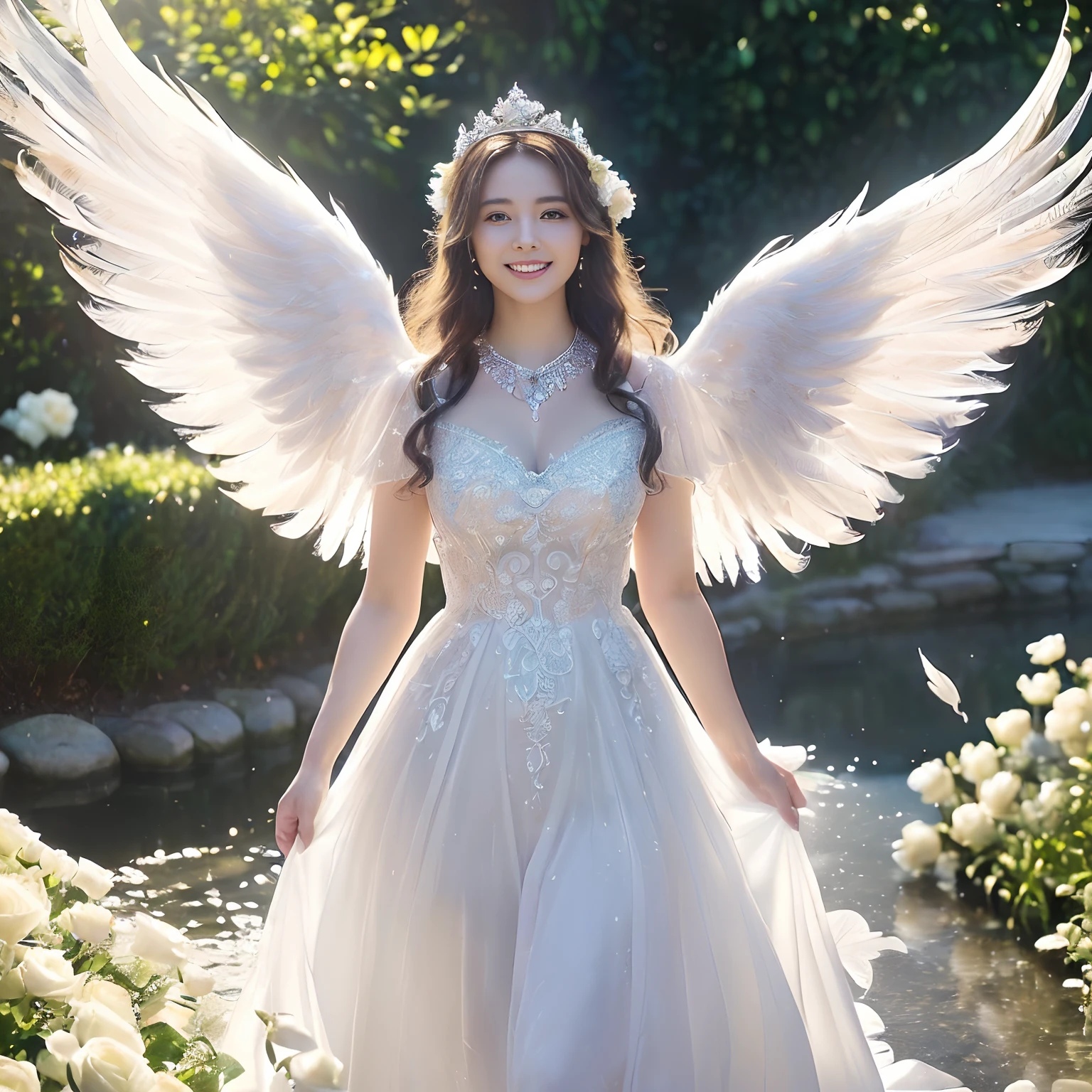 (((masutepiece、top-quality、Highly complex and detailed depictions)))、((Very beautiful angel queen、Maternal smile,mothers,Smile、Perfect gas chamber、Perfect 2 Wing、white roses、A large amount of white roses、Beautiful white roses、Light blue sparkling water、The most beautiful gardens in the world、The most complex and fantastic gardens in the world、Light blue sparkling water、Water glowing in light blue、Beautiful smile,、A detailed face、Perfectly depict the face、Walk along the cobblestones、Walking in the garden、Hair swaying in the wind、Take photos up close、Take a photo above the thigh、Final Form as Perfect Angel, ,Huge and realistic angel wings,The most dignified feathers,The most detailed and intricate angel wings、King of Angels,The most dignified angel,Shimmering white feathers、Plumage gives off a transparent shine、Graceful and classy pose、Filled with Divine Light、The brilliance of a fairy tale、Fairytale Garden、Garden with white flowers、Walking in the garden、Flowers, Fountains and cobblestone gardens、Blue Fountain、Emerald Blue Fountain、Sparkling Spring Water、Walking in the garden、Beautiful cobblestones、white blossoms,、Beautiful temple gardens、There is a spring surrounded by cobblestones、Beautiful and sparkling fountain、Sacred Well、crystal-clear water、It is full of white flowers、white blossoms、Her feathers shine like a fairy tale、Glowing feathers、Beautiful temple gardens、Fairytale Garden、Walking in the garden、Angels bathed in the sacred soft light、spectacular movie lighting、The most classy white dresses、Very noble、refinement、top grade、The brilliance of a fairy tale、Wings shining in a fairy tale、The most massive pure white princess dress, The finest necklaces,artistic décor,Intricate and solemn dress of an angelic masterpiece,White decorative dress,Huge Princess Dresses,The most majestic figure of the angel,The most intricately depicted angelic figures,Feathers that shine like a fairy tale、The plumage gives off a snow-white shine、The plumage gives off a translucent fairytale glow、Unimaginable beauty,The most intricate and beautiful dresses,Accurate reproduction of the perfect angelic detail,The figure of an unimaginably beautiful angel)),((Most beautiful face,Half Japan and half Spanish,Maternal tenderness、Maternal smile,Beautiful wavy hair,The most luxurious and intricate dresses,stares at the camera、Giant wings of angels,masutepiece,8K,very intricate,ultra-detailliert))