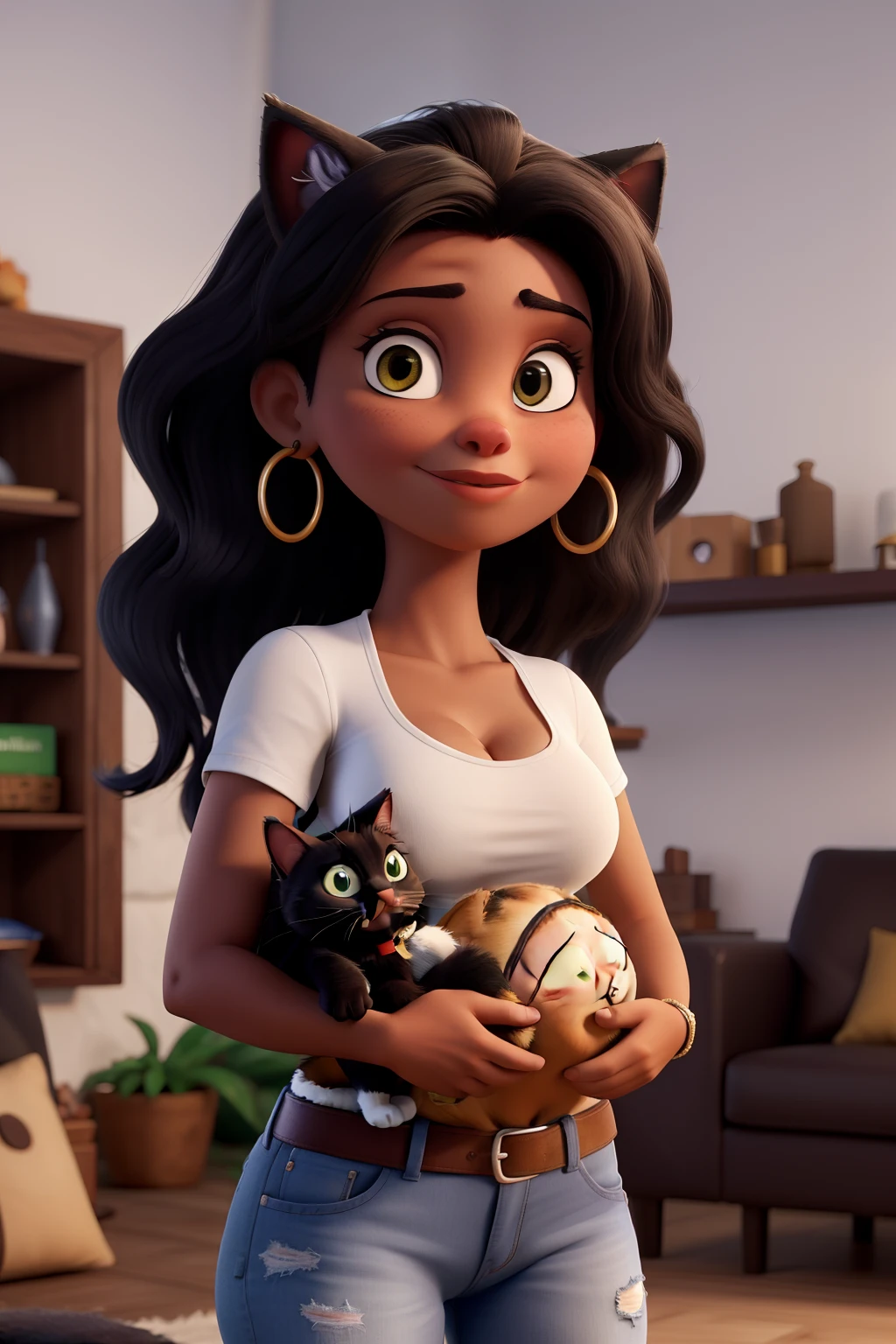 mulher morena, bonita, cabelo preto, medium size, olhos castanhos escuros, Holding a cat in your arms, macho branco com tigrado cinza