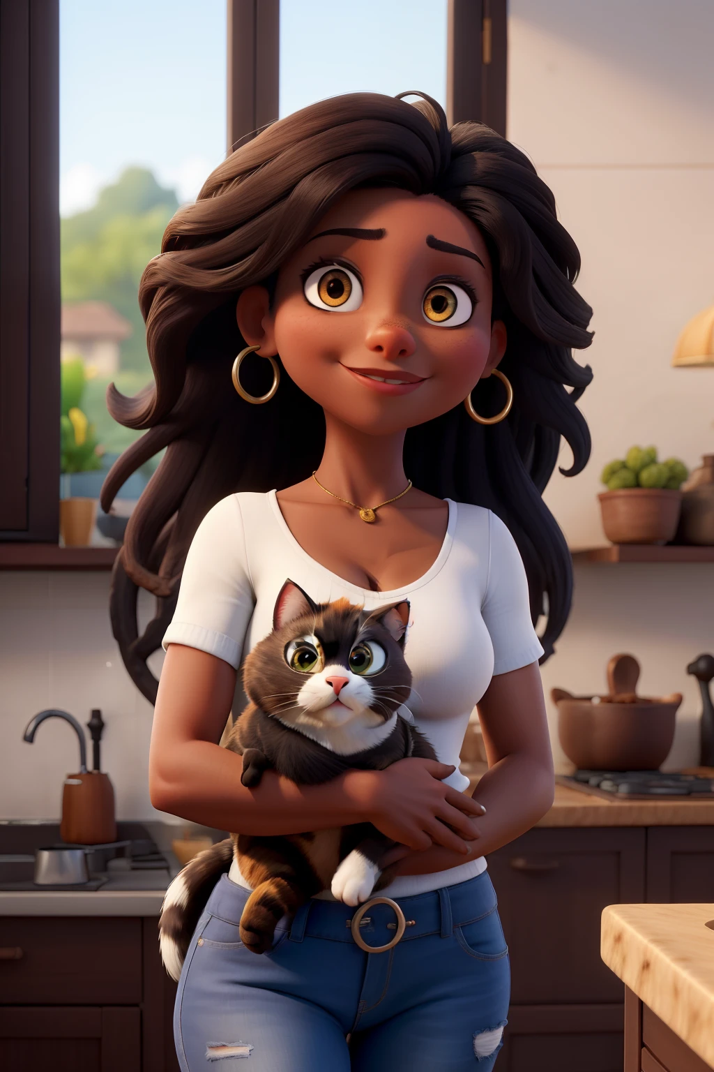 mulher morena, bonita, cabelo preto, medium size, olhos castanhos escuros, Holding a cat in your arms, macho branco com tigrado cinza
