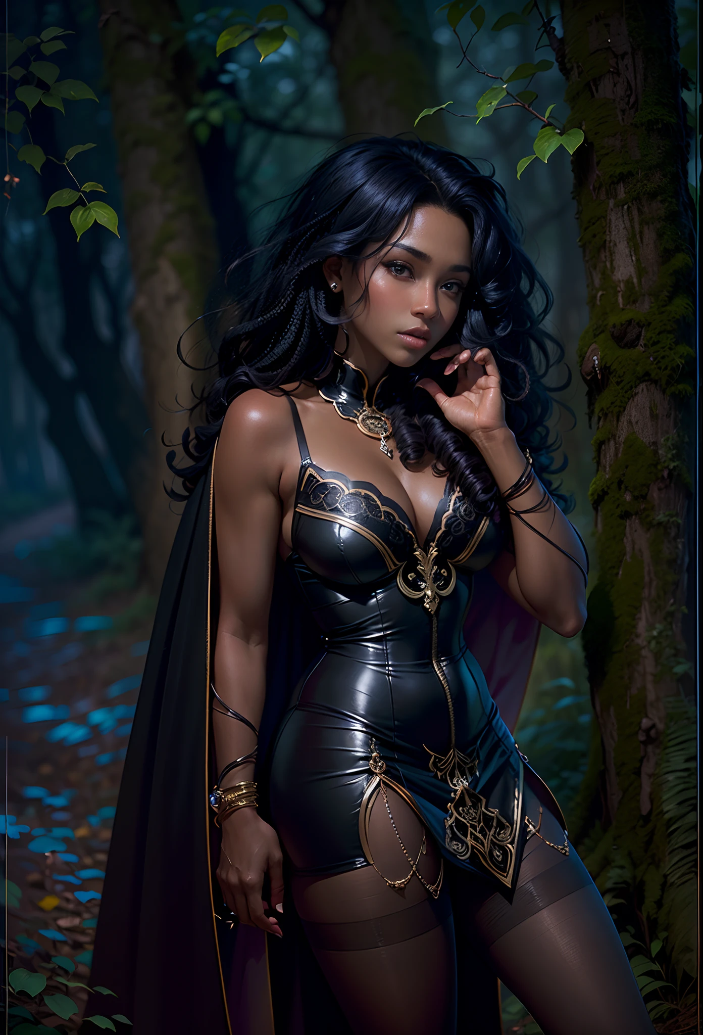 ((20-year-old))), black girl, (((light skin))), (((full body pose))), (((long curly black hair))), (((wearing tight micromini skirt, open front cloak))), (((seamless, black, pantyhose))), standing in the dark woods at night, moonlight shining through the dense canopy, dark castle in the background, dark fantasy, Rich, Deep Colours, (intricate details:0.9), (HDR, hyper-detailing:1.2), (natural skin textures, hyper realisitc, glistening skin, soft light, Sharp),