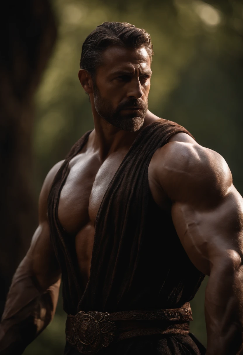 (stoic gricki branch with more defined and detailed muscles, Hercules profile, cinematic quality 8K, dark background highlighting the figure)