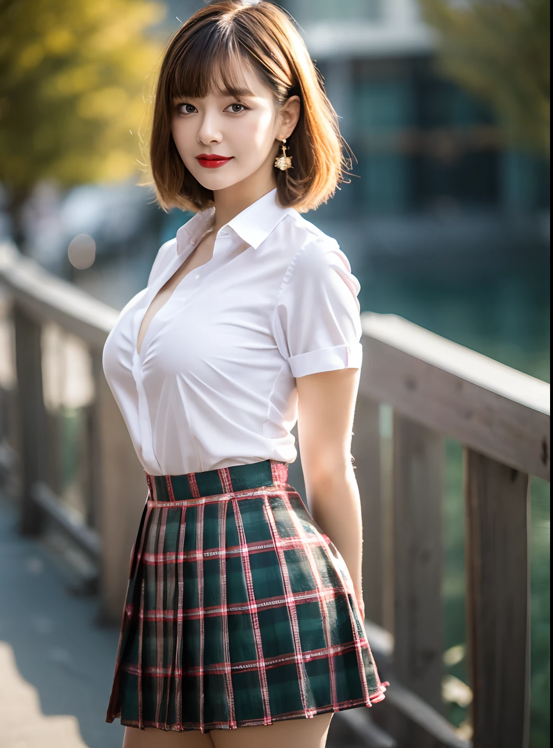 nsfw, 8K raw photo, Best quality, masterpiece, ultra high res, film grain, filmg, 1girl, looking at viewer, natural skin texture, realistic eye and face details, full lips, lipstick, (makeup), red eyeshadow, fluffy short hair, messy hair, smile, close mouth, beautiful legs, skinny, slim_legs, solo, enormous breast, cleavage, Pose with buttocks facing you, ultra short skirt, ass, shirt, seaside, (detailed background), plaid skirt, white shirt, enormous breast, cleavage, Show a little cleavage through the shirt, loafers, blurry background, blurry, holding, plaid, short sleeves, jk ribbon on the neck, jk ribbon, brown hair, bracelet, water, bangs, school uniform, jewelry, parted lips, lips, from side, pleated skirt, depth of field