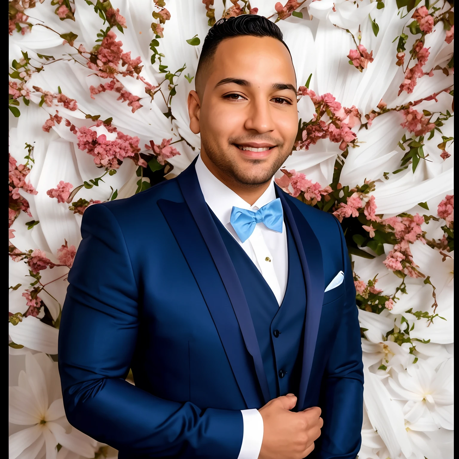 Smiling man in blue suit and bow tie standing in front of a wall of flowers, imagem profissional, foto do perfil, taken in the early 2020s, andrew gonzalez, Joel Torres, José Moncada, foto de perfil profissional, imagem de perfil, foto de perfil headshot, album photo, foto de perfil, traje formal, Cristiano Orrillo, henry ascensio