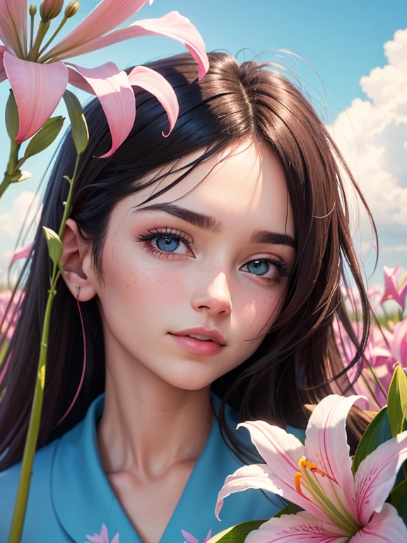 (high resolution: 1.1), best quality, (master part: 1.2), vivid colors, pintura digital, pink lilies, beleza natural, blue skies, Close-up
