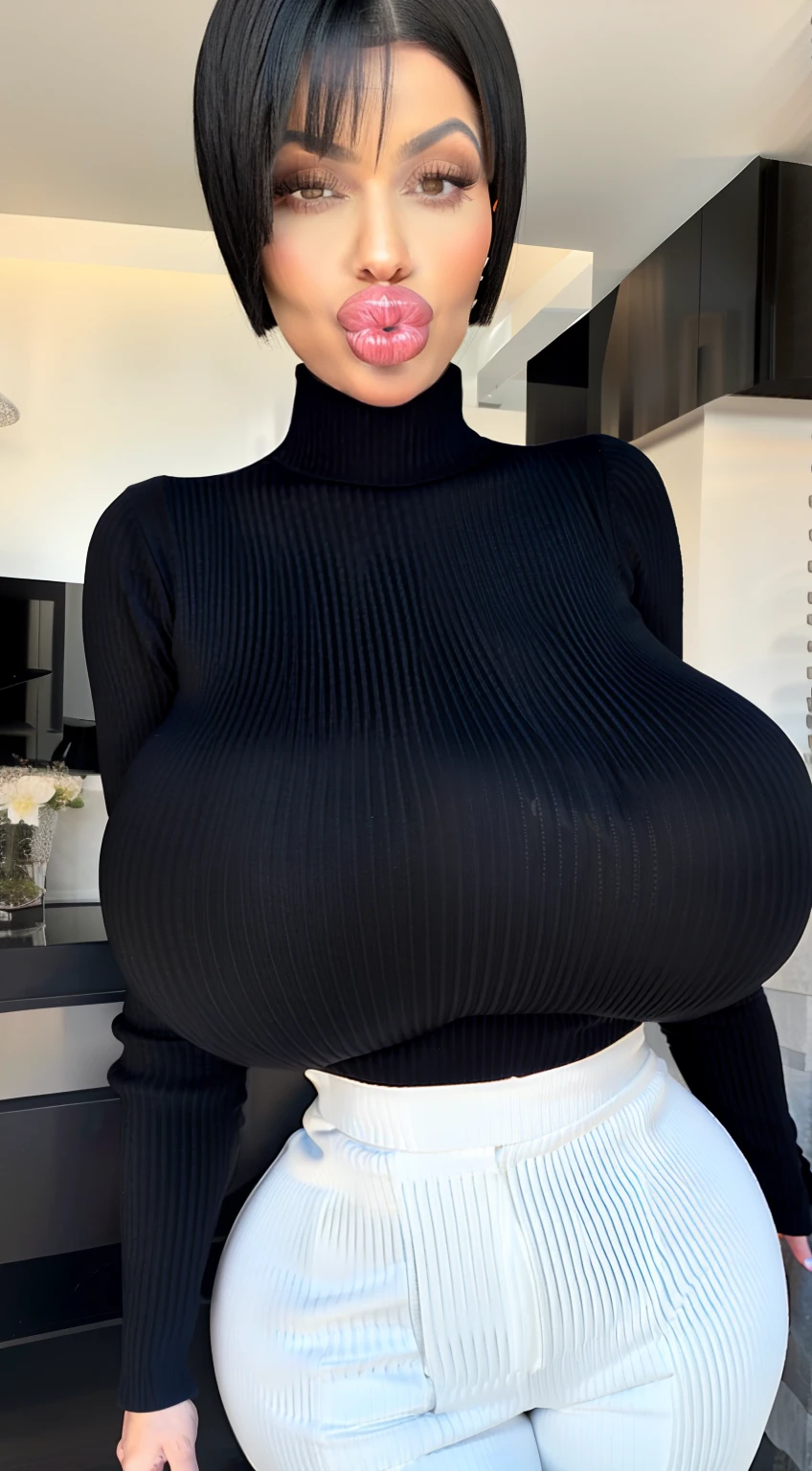 Kylie Jenner, milf, mature, short pixie cut hair, brunette, pixie cut hairstyle, high cheekbones, big lips, full lips, pouting, pouting lips, tall, curvaceous, small waist, big hips, hip dips, large breasts, big breasts, sagging breasts, long legs, white lab coat, turtleneck sweater, black pants, Best quality, 8k, Masterpiece, realistic, photorealistic, (gigantic breasts:1.2)
