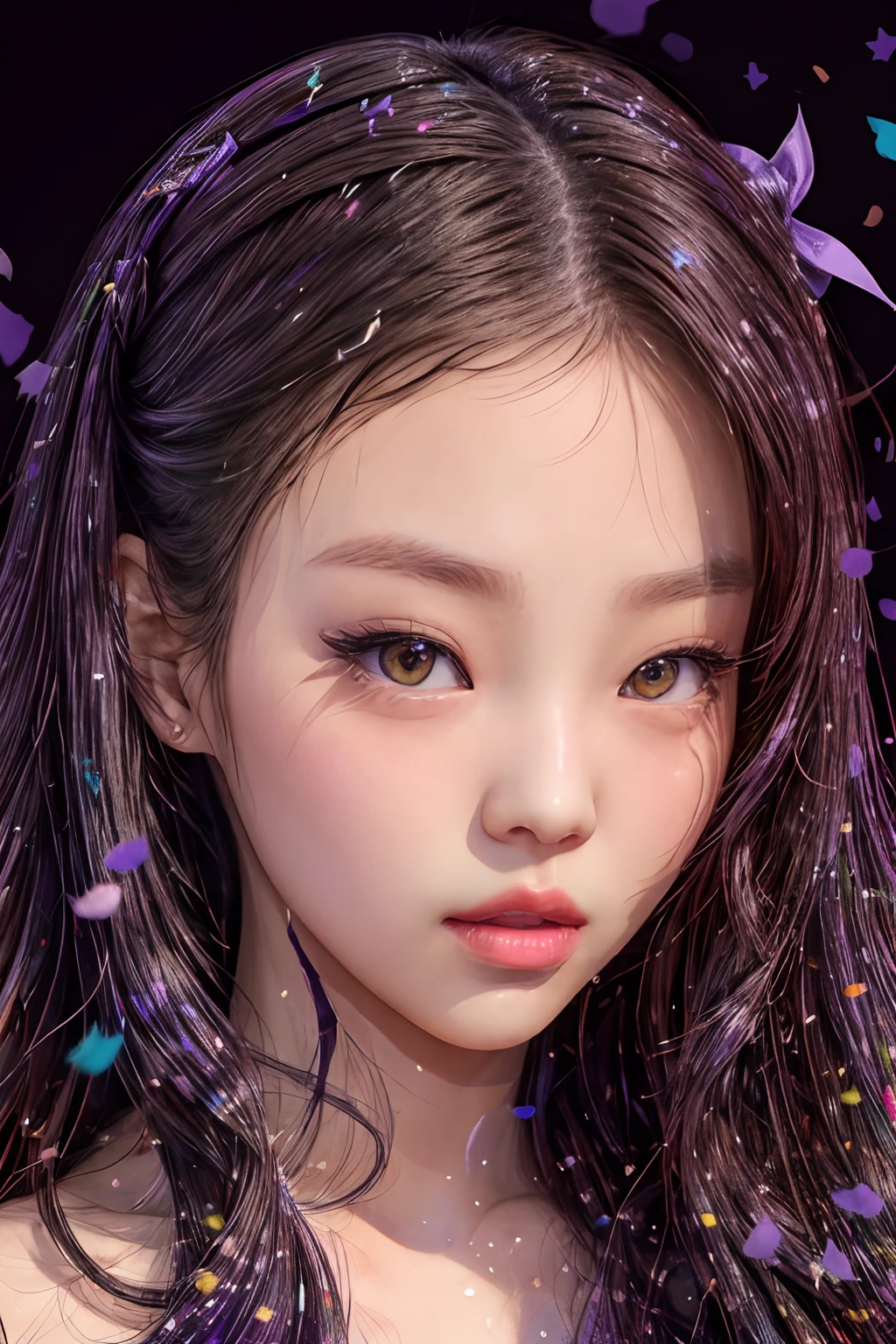 masterpiece, best quality, (extremely detailed CG unity 8k wallpaper, masterpiece, best quality, ultra-detailed, best shadow), (detailed background), (beautiful detailed face, beautiful detailed eyes), High contrast, (best illumination, an extremely delicate and beautiful),1girl,((colourful paint splashes on transparent background, dulux,)), ((caustic)), dynamic angle,beautiful detailed glow,full body, paint splash on face.  close up of a woman, a close up of a woman with long hair and a purple bow, a picture inspired by Tang Sin Yun Sandara, tumblr, realism, portrait of Jennie Kim   Blackpink, Jennie Kim  of blackpink, portrait of jossi of blackpink, jisoo from blackpink, Jennie Kim of blackpink, popular south korean makeup, popular korean makeup, roseanne park of blackpink, wan adorable korean face