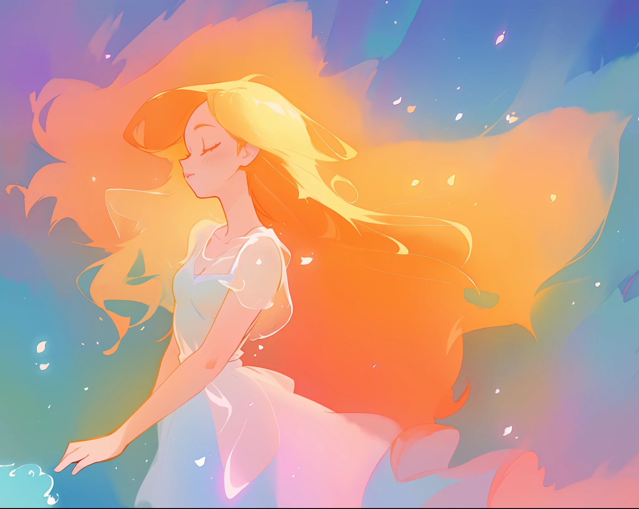 beautiful girl in flowing multi-layered dress, fairy dress, long golden hair, watercolor illustration, inspired by Glen Keane, inspired by Lois van Baarle, disney art style, by Lois van Baarle, glowing aura around her, by Glen Keane, jen bartel, glowing lights! digital painting, flowing glowing hair, glowing flowing hair, beautiful digital illustration, fantasia otherworldly landscape plants flowers, beautiful, masterpiece, best quality, anime disney style