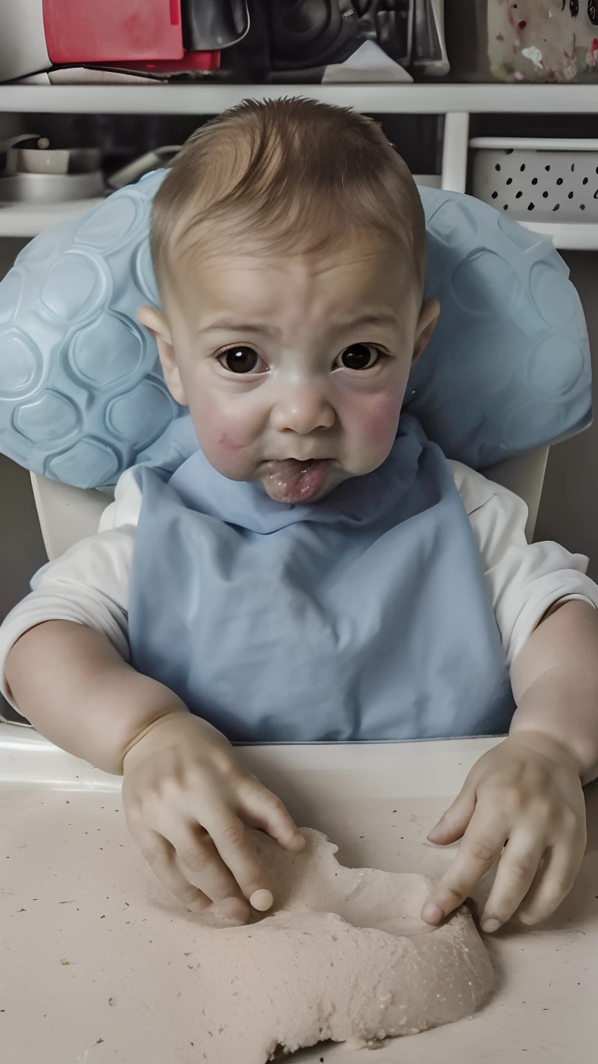 There's a  sitting in a high chair eating a piece of cake, messy eater, sentado em sua cadeira alta, pronto para comer, vestindo uma baga azul, Messy, feliz com a boca aberta, Fazer um lanche, Bib Bang, Comer, espaguete nas narinas, travesso!!, leite, foto de perfil, Wide neck, Babando