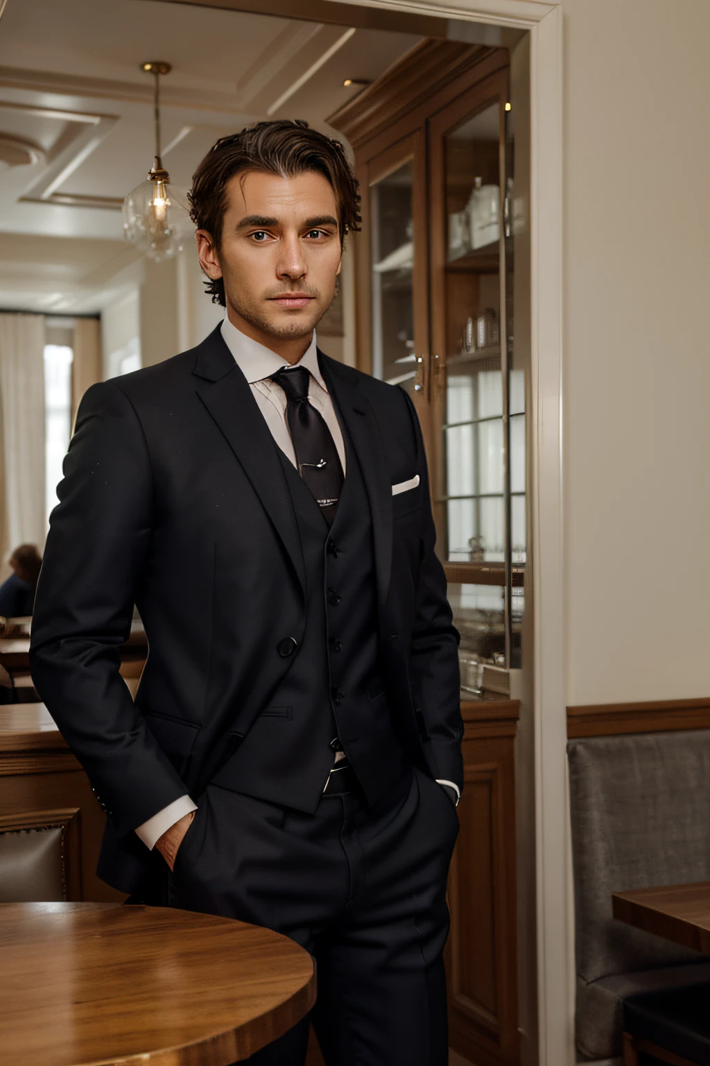 An Alafed man in a suit and tie stands in a fancy café, dressed in a suit, wear a strict business suit, wear a strict business suit, porter une combinaison, dressed in a suit, Attractive man, complet , visage parfait, Beautiful and elegant straight gaze, wear a strict business suit, porter une combinaison, porter une combinaison,Trente ans,Pas de barbe (clean shaven)