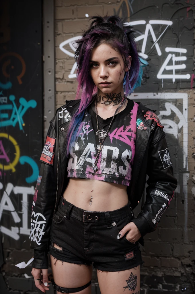 a dirty, submissive punk,girl with vibrant hair and punk clothing,standing against a graffiti-covered wall in a grimy alleyway,with intense red and purple neon lighting,emphasizing the rebellious and edgy atmosphere,in a gritty, urban setting,with tags and stickers adorning the walls. (best quality,ultra-detailed,photo-realistic:1.37),portraits,grungy aesthetic,harsh lighting,graffiti art,dark colors,edgy and raw concept art.