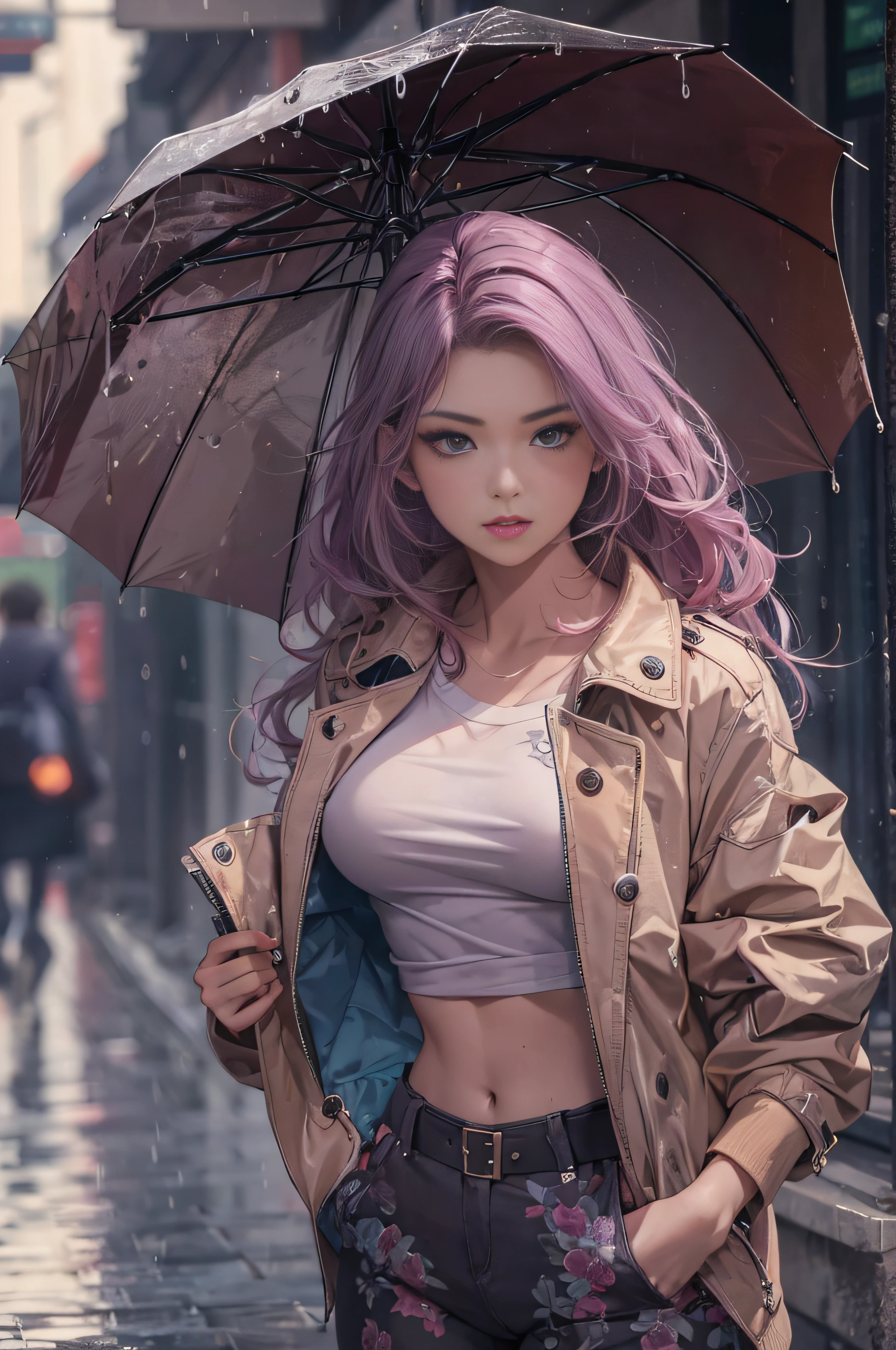 ((best quality, masterpiece, 8k highly detailed, RAW photo, nsfw)), Most beautiful and sexy woman standing outside in the rain looking at the viewer, BREAK holding a pink and purple umbrella, sexy high school uniform, tight top, cleavage, BREAK full body shot, dim colors, urban setting