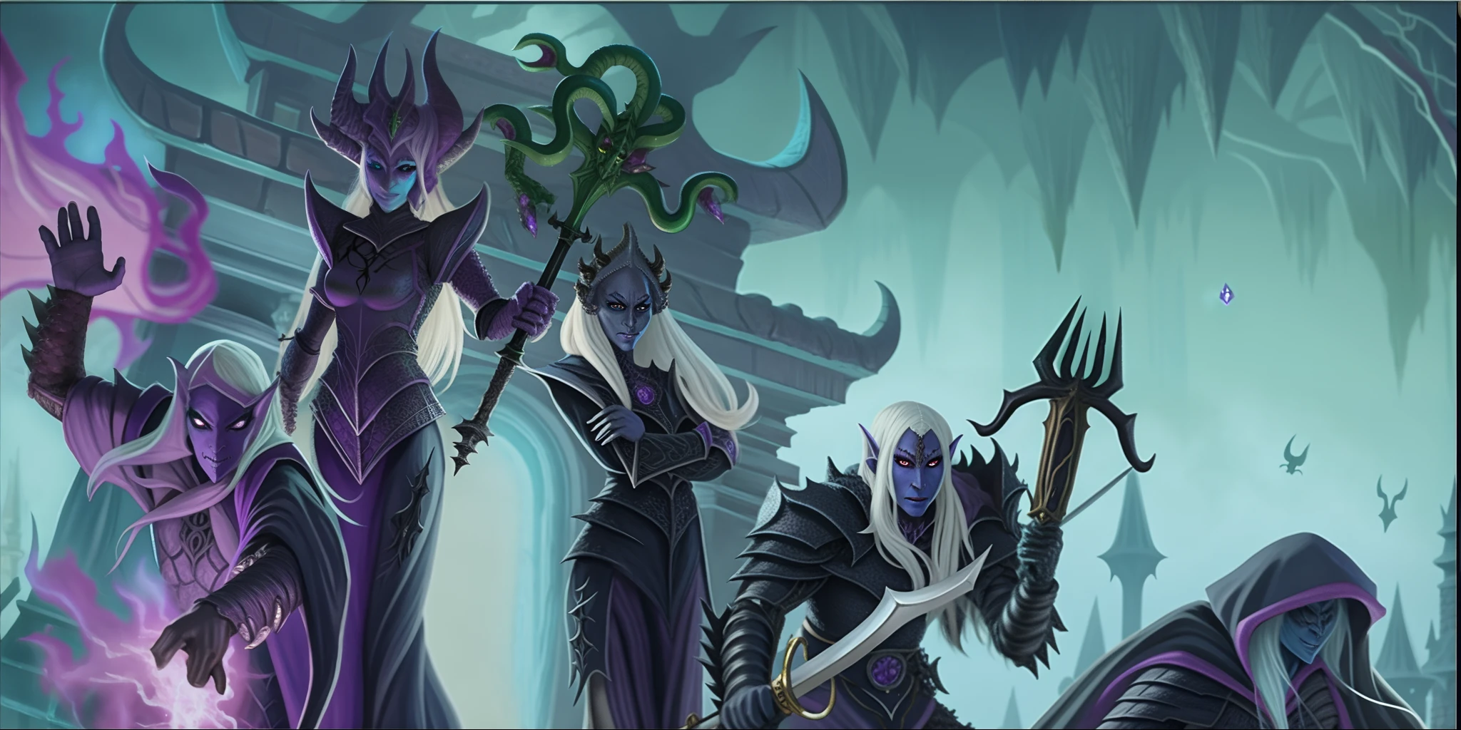 a close up of a group of people with a sword and a demon, drow, perfect drow, dungeons and dragons characters, dnd party, dungeons and dragons art, from dungeons & dragons, dungeons and dragons artwork, lolth, illithid, dungeons and dragons fantasy art, lich demon mage class, from dungeons and dragons, game dungeons and dragons