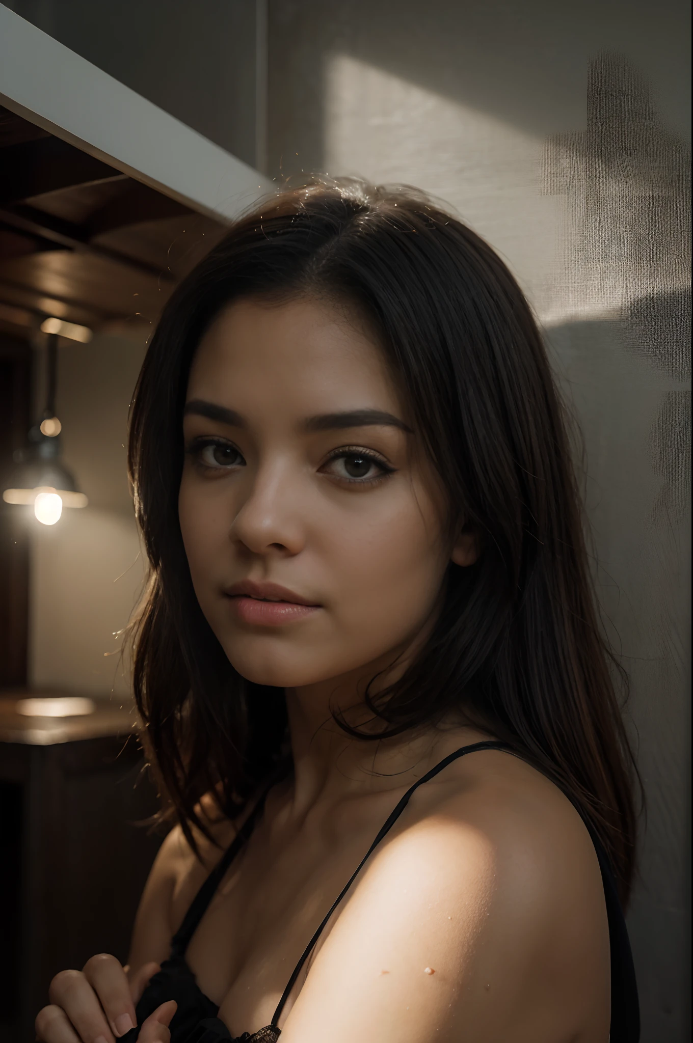 (Foto RAW, best quality), (Realistic, fotorrealista: 1.3), extremamente delicado e bonito, Amazing, finamente detalhado, master part, ultra detalhado, Altas, (best illustration), (Melhor sombra), intrincado, negra, 1girl, Latim, Usando o See Through the Sleeper, fora dos ombros, silhueta, cabelos longos e cacheados, sorrir, relaxe e desfrute de um momento de paz e tranquilidade, (magic hour: 1.4), (magic lights: 1.4), mistborn, roupas abertas, Interior do trem, foco nítido, volumetric fog, 8k UHD, DSLR, alta qualidade, (filmic grain: 1.4), Fujifilm XT3, (Cool and warm tone printing: 1.4),