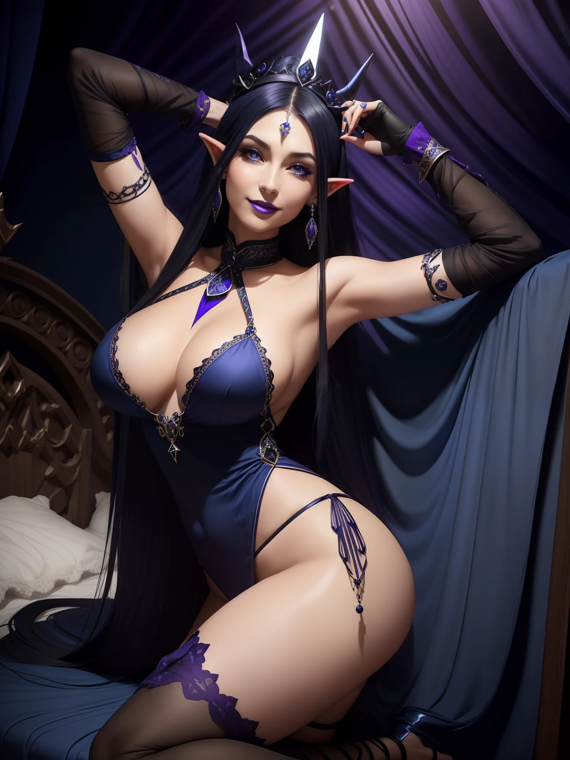 Blue indigo monokini、Dark long straight hair, brow、purple Lipstick、elvish、pointy hears, Big breasts、huge smile、dark collar crown and jewels, gothic 、Blue Pearl Earrings、Pose Seductive、black fingerless gloves、Raise your arms、look up to、a bed、foot out of frame, ass, wt and oily