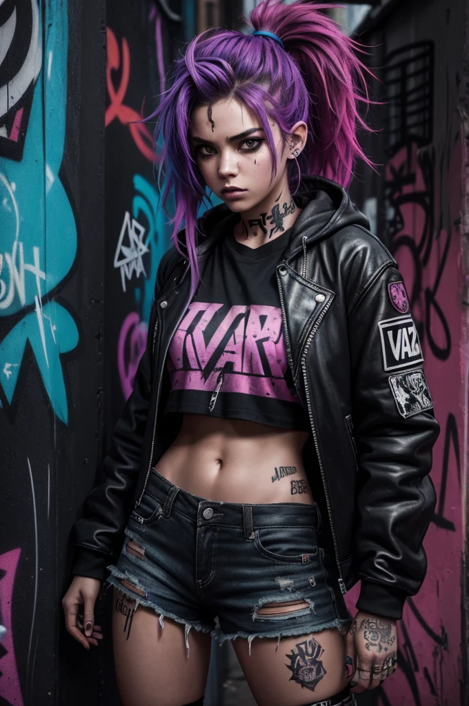 a dirty, submissive punk,girl with vibrant hair and punk clothing,standing against a graffiti-covered wall in a grimy alleyway,with intense red and purple neon lighting,emphasizing the rebellious and edgy atmosphere,in a gritty, urban setting,with tags and stickers adorning the walls. (best quality,ultra-detailed,photo-realistic:1.37),portraits,grungy aesthetic,harsh lighting,graffiti art,dark colors,edgy and raw concept art.