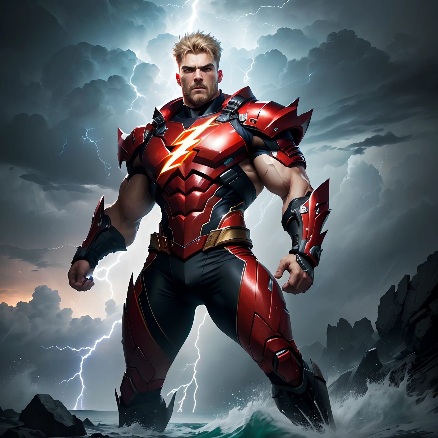 best quality,highres,masterpiece:1.2),ultra-detailed,physically-based rendering,realistic portrait,full-body composition,strong muscular build,lightning effects,stormy atmosphere,dynamic pose,captain costume,intense facial expression,vivid colors,sharp focus