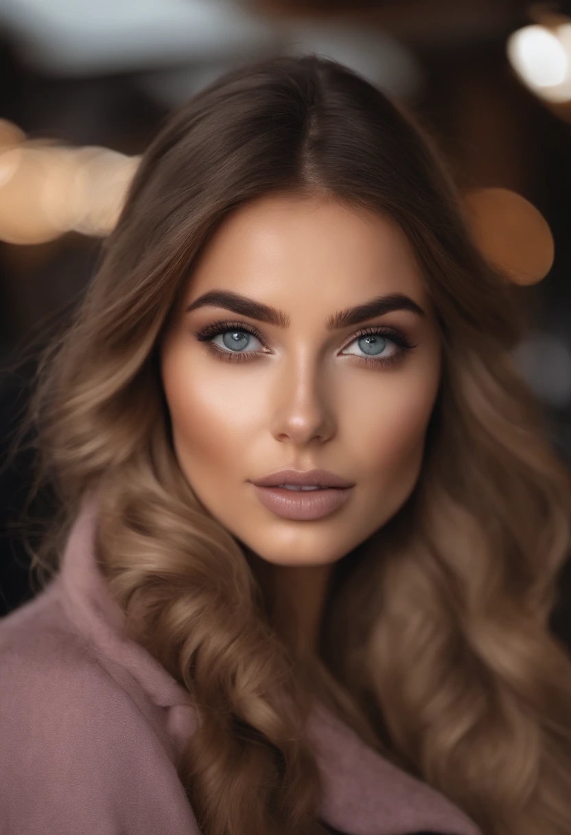 Femme arafed avec une belle tenue d’hiver, fille aux yeux bruns, Portrait Sophie Mudd, cheveux bruns et grands yeux,Yeux de chambre, Violet Myers, sans maquillage, maquillage naturel, Regarder directement la caméra, Visage avec Artgram, Maquillage subtil,selfie au bar, clivage, de face