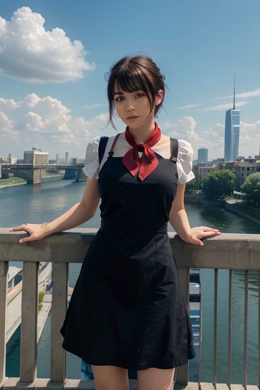 (masterpiece,newest,exceptional:1.2), anime,1girl,bangs,black_hair, beautiful 8k eyes,blue_sky,bridge,building,castle,city,cityscape,cloud,day,dress,looking_at_viewer,outdoors,red_neckwear,red_ribbon,ribbon,river,short_hair,short_sleeves,sky,skyscraper,solo,standing,town,water