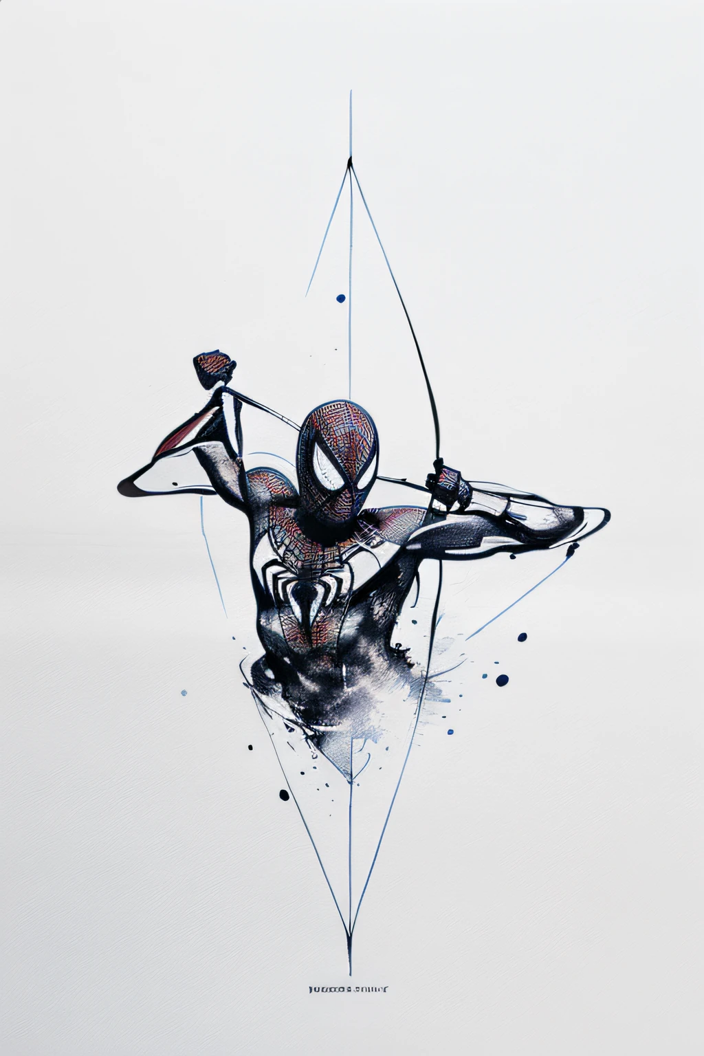 t-shirt design, minimalistic ink drawing style, vanishing point on white paper, Spiderman in a cave. watercolor splash, with name "ARCHERY", in black and white, but with only a few red and blue eccents ,art incorporated as complimentary elements, poster, photo, cinematic, 3d render, illustration, typographyv0.1
