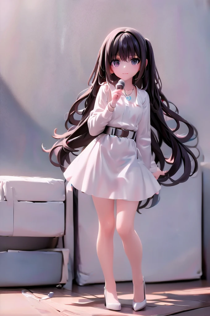 masterpiece, best quality, 1girl, full body, stage light, glowstick, holding microphone, stand microphone, casual, hair ornament, hairclip, necklace, jewelry, white shirt, long sleeves, shirt tucked in, belt, white skirt, white footwear, high heels