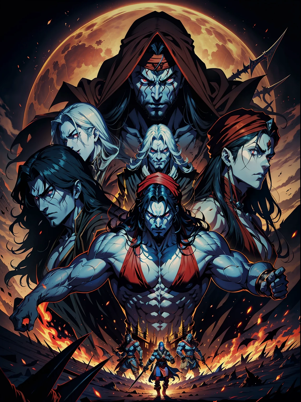 Castlevania, Hyper Realistic Shadow Lord Super Detailed Dynamic Shooting Master of Lord Dracula Medieval Arab Warrior with Red Turban Scary Face Hokuto No Ken Structure Muscular Face Legendary Kenshiro Surrounded by Demons and Demons Talking Battlefield Cinematic Scenes Epic Movie Hyper Realistic Movie Legendary Movie Epic Movie Epic Movie Epic Movie