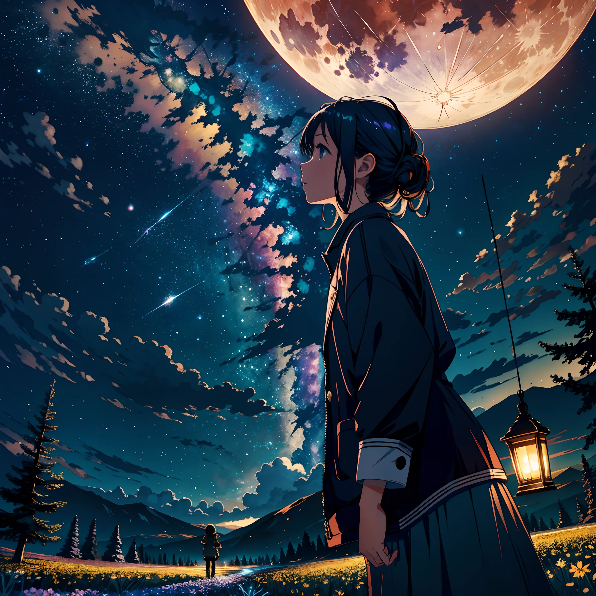 Expansive landscape photograph, (view from below with a view of the sky and the wilderness below), little girl standing in a flower field looking up, (full moon: 1.2), (shooting star: 0.9), (nebula: 1.3), distant mountain, tree break production art, (warm light source: 1.2), (firefly: 1.2), lamp, purple and orange, intricate detail, volume lighting BREAK (masterpiece: 1.2), (highest quality ), 4k, ultra-detailed, (dynamic configuration: 1.4), highly detailed and colorful details (iridescent: 1.2), (sparkling lighting, atmospheric lighting), dreamy, magical, (solo: 1.2)