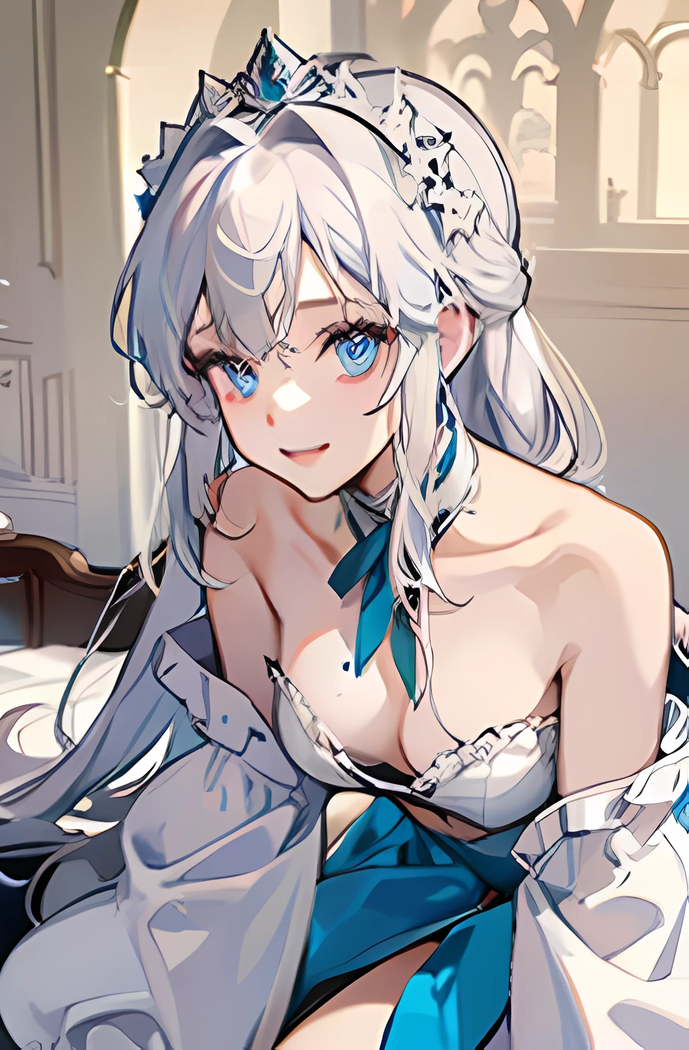 (Best quality:1.3), long white hair, small breasts, white lingerie, (pov, :1), smiling, sexy, erotic, royalty, elegant, ((exposed midriff)), collarbone, alluring neck , blue shapely eyes. looking at viewer, (leaning forward), (downblouse), extended downblouse, ((bent over)), enticing view, directly in front of viewer, from slightly above, shoulders facing the viewer, thick thighs