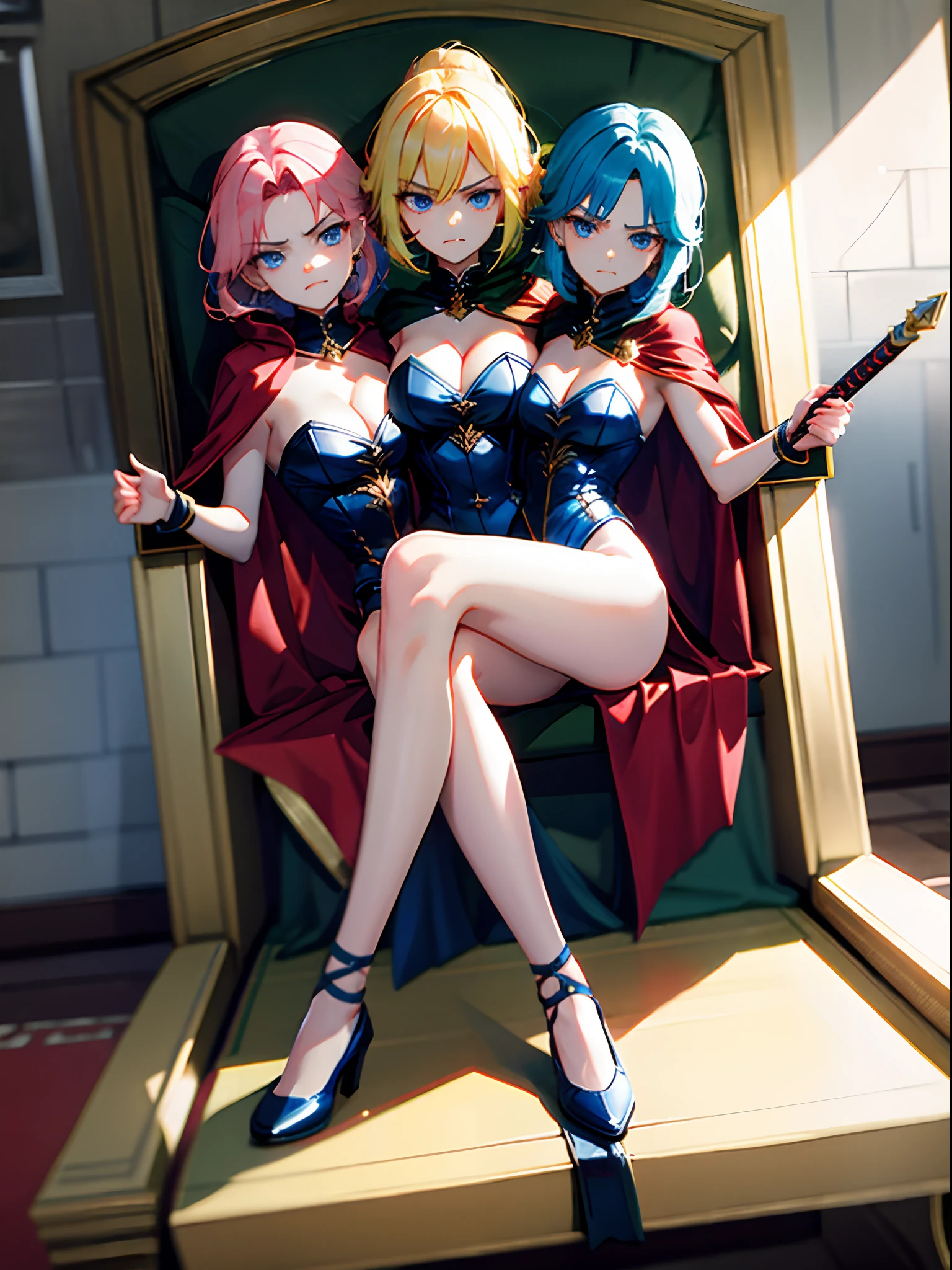 (masterpiece, best quality), best resolution, (3heads:1.5), dynamic angle, leotard, holding a sword, knight, armor, 1girl, angry, smug, blonde hair, pink hair, blue hair blue eyes, cape, sitting on a throne, legs crossed