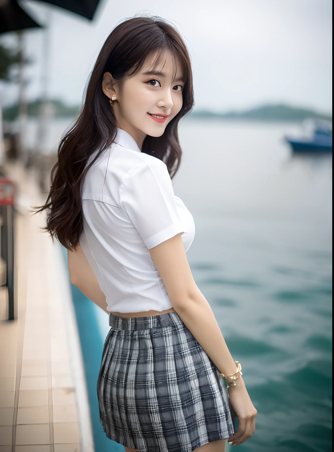 8K raw photo, Best quality, masterpiece, ultra high res, 1girl, looking at viewer, natural skin texture, realistic eye and face details, nose, long hair, smile, close mouth, beautiful legs, skinny, slim_legs, solo, enormous breast, cleavage, Pose with buttocks facing you, ultra short skirt, ass, shirt, sea side, plaid skirt, white shirt, enormous breast, cleavage, loafers, blurry background, short sleeves, bracelet, jk school uniform, jewelry, from side, depth of field