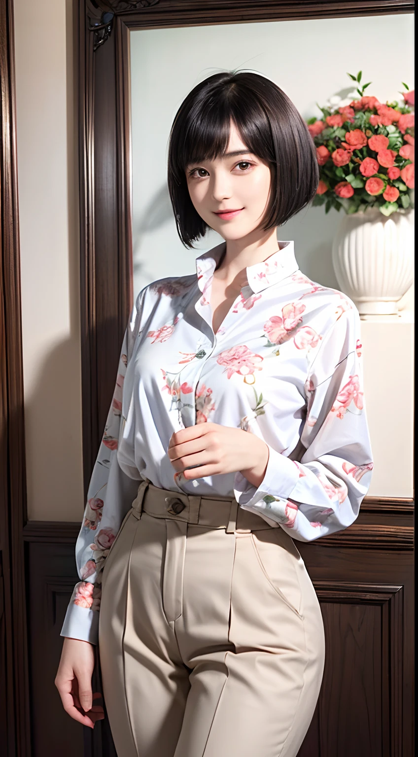 93
(a 20 yo woman,is standing), (A hyper-realistic), (masutepiece), ((short-hair:1.46)), (Smooth black hair), wear long pants, (Wearing a long-sleeved shirt with a floral print), (painterly、picture frame), (Gentle smile), (Keep your mouth shut)