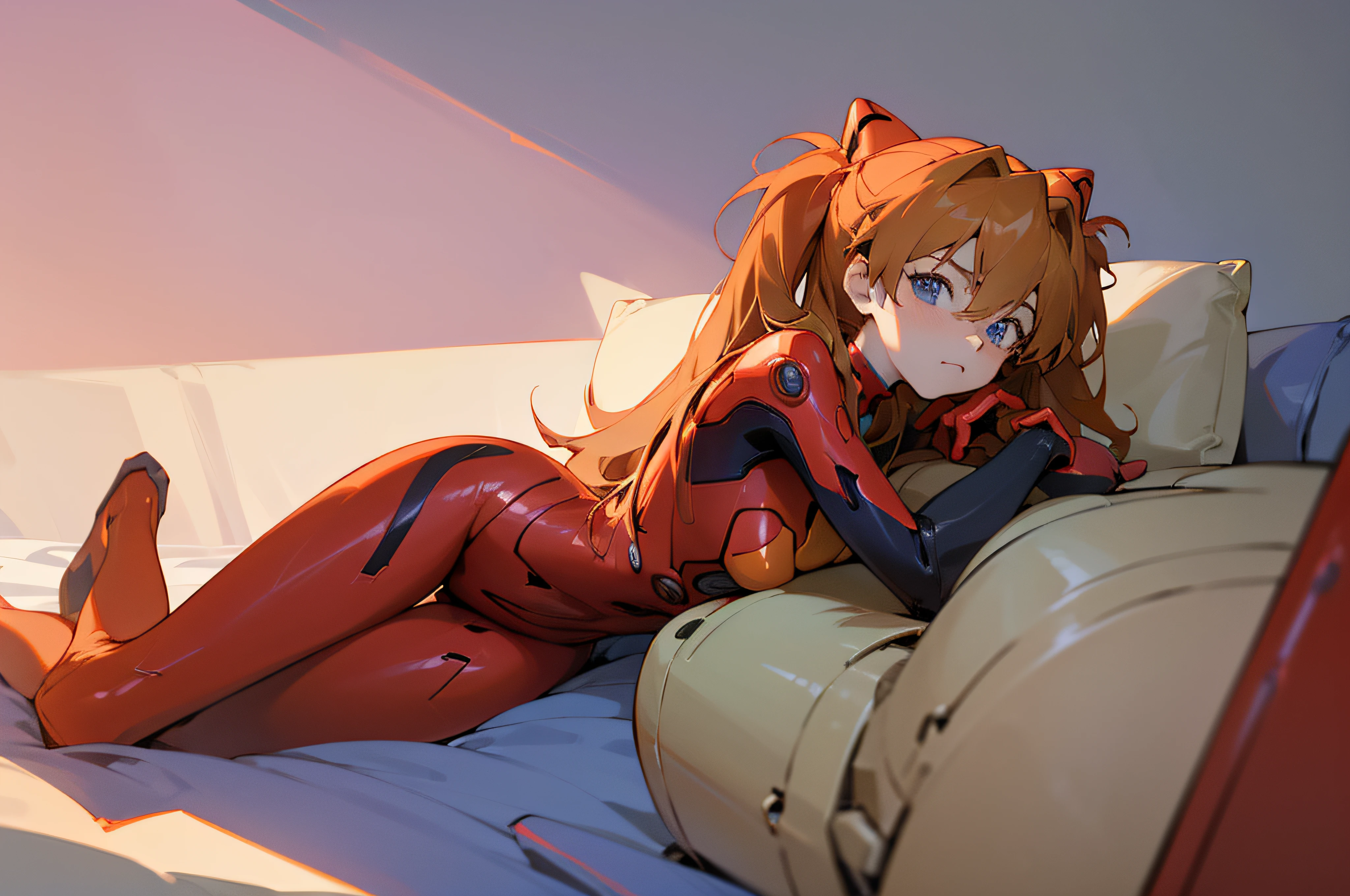 (masterpiece), best quality, expressive eyes, perfect face, 1girl, solo, souryuu asuka langley, interface headset, red bodysuit, serious eyes, slight smile, raised legs, laboratory background, on a bed, lying on your stomach, looking at the viewer, from front, full body