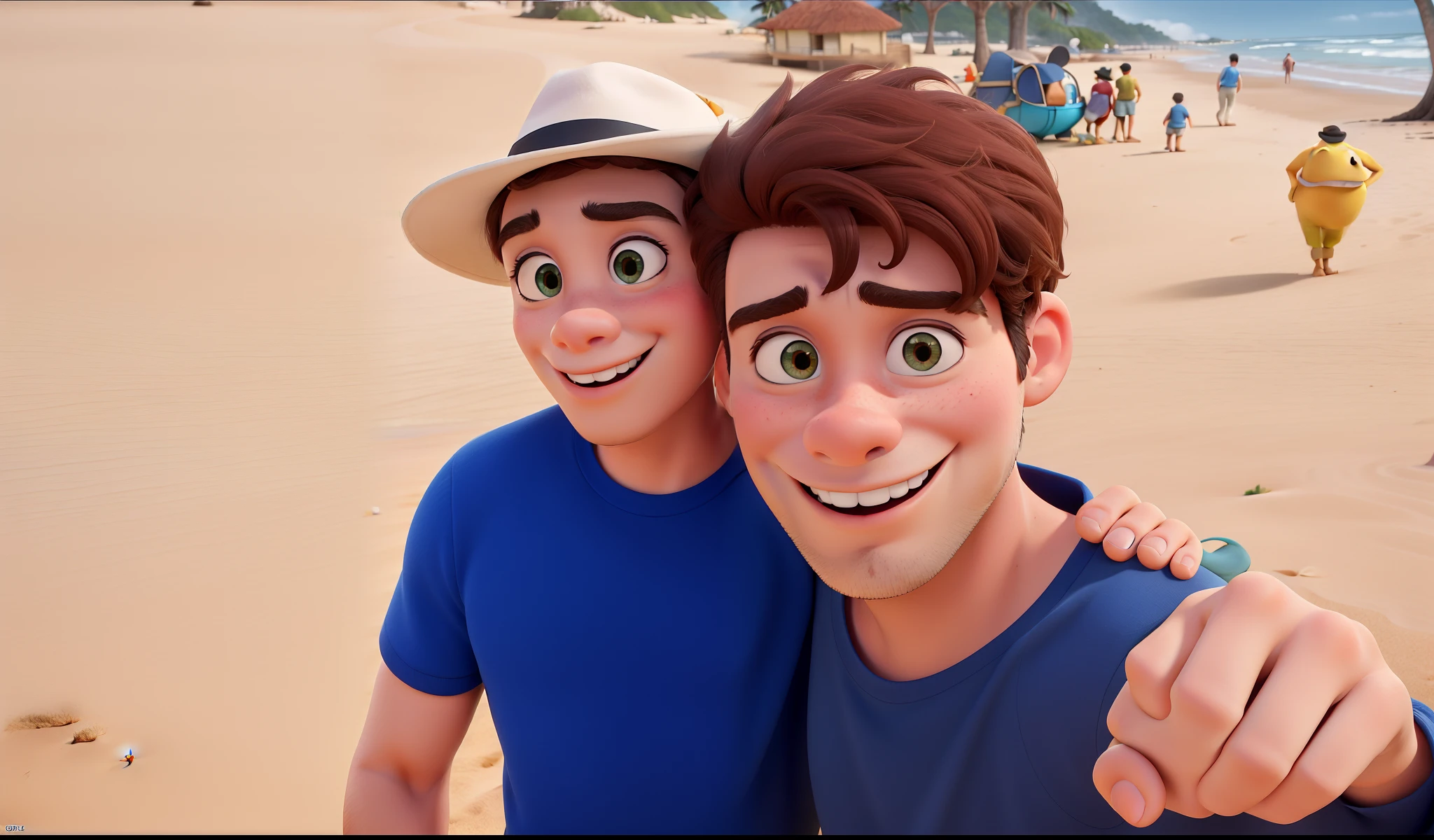 Poster of the Disney Pixar-inspired film with the title "THE LOVE OF YOUR LIFE". The scene should follow the Pixar-like art style, focusing on the expressions of the characters, cores vibrantes, Detailed textures and features of your animations. Quero a imagem de dois amigos tirando uma selfie na praia do Rio de Janeiro. Um tem o cabelo castanho, com franja. The other is white and is wearing a Panama style hat.