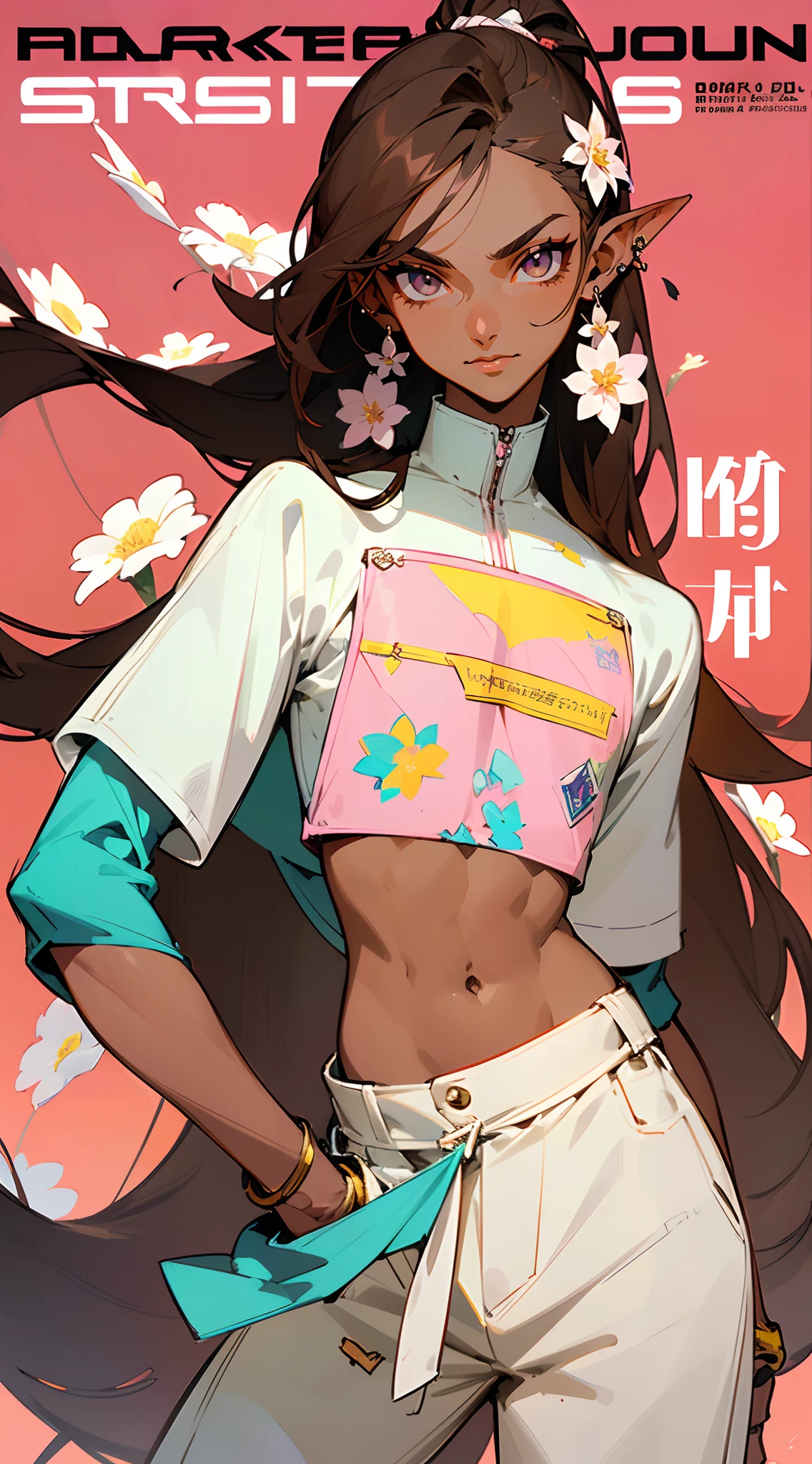((Beautiful man:1)) , ((Dark skin:1.5)) , ((long hair)) , ((brown hair)) , ((male:1.4)) , full lips , light silver eyes , voluminous hair,((has pointed ears ears:1)), ((wearing small flower earring:1.3)), ((Skinny build)) ,effeminate , ((has a center part in hair:1)), full long eyelashes,((straight hair:1.3)) , ((crop top:1.2)), hair in a ponytail, Bishounen, possess delicate and androgynous features, age 33 ,
Solo, sfw, cap, shorts, jacket, (Magazine cover-style illustration of a fashionable character in vibrant outfit posing in front of a colorful and dynamic background. They have a confident expression and is striking a pose. The text on the cover should be bold and attention-grabbing, with the title of the magazine and a catchy headline. The overall style should be modern and trendy, with a focus on fashion and lifestyle), wallpaper, crowds, fashion, contrapposto, model, cool
(masterpiece, best quality )detailed, 1Character , pastel washed out colors , cell shade , soft, muted shades ,gentle colors ,