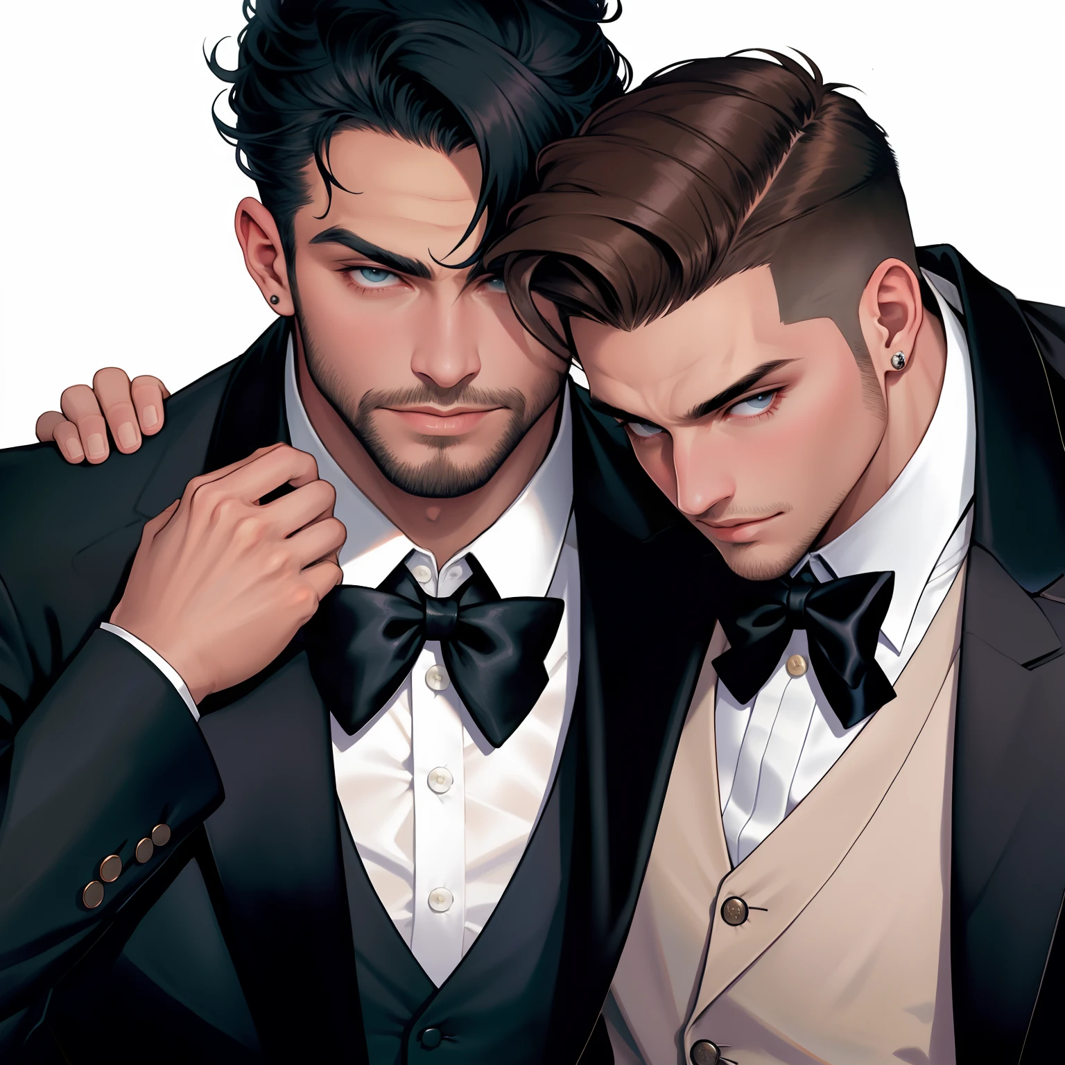 Muscle boy, handsome with suit and tie,big nipples and big dick, hairy chest, fitnbody, reslistic face, big legs, muscle arms, Brown hair, in the beach,wiht two hot boyfriends, sexy boys, sexy mens, with erection, kissing,hot mens, hard dick,one of them is sitting on the another legs