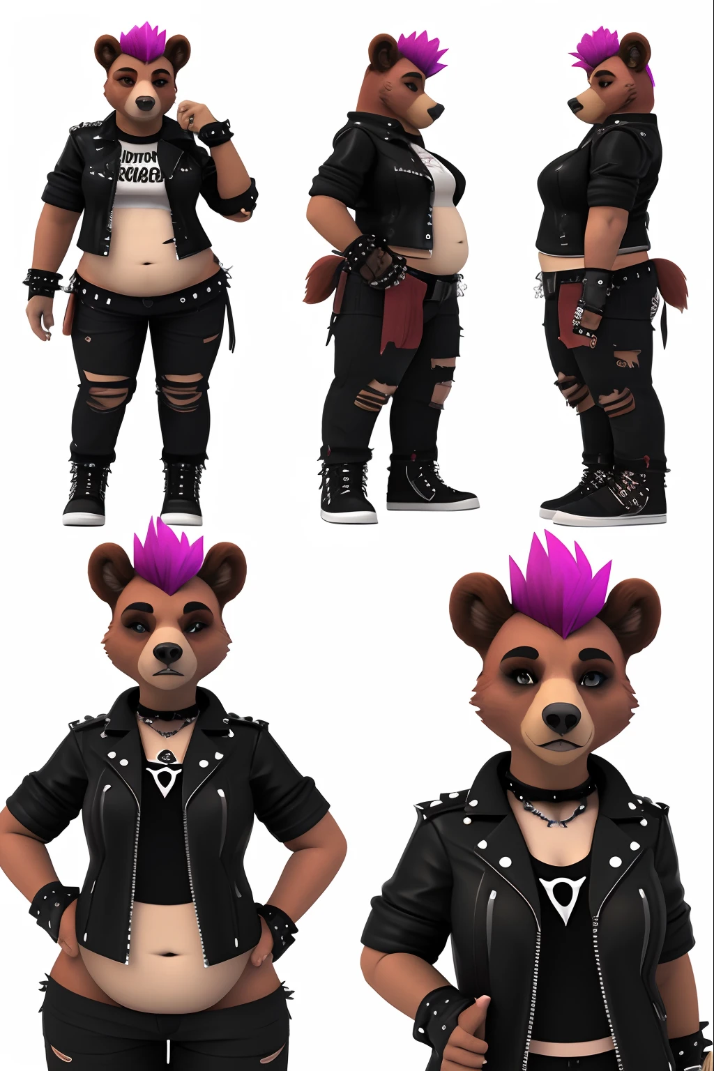 female , dobe, character sheet , multiple poses and expressions, 100% white background, full color, 3d model, light and shadow, flat color, complete sides sheet, punk clothes, punk hairstyle, pink fringe by lonbluewolf