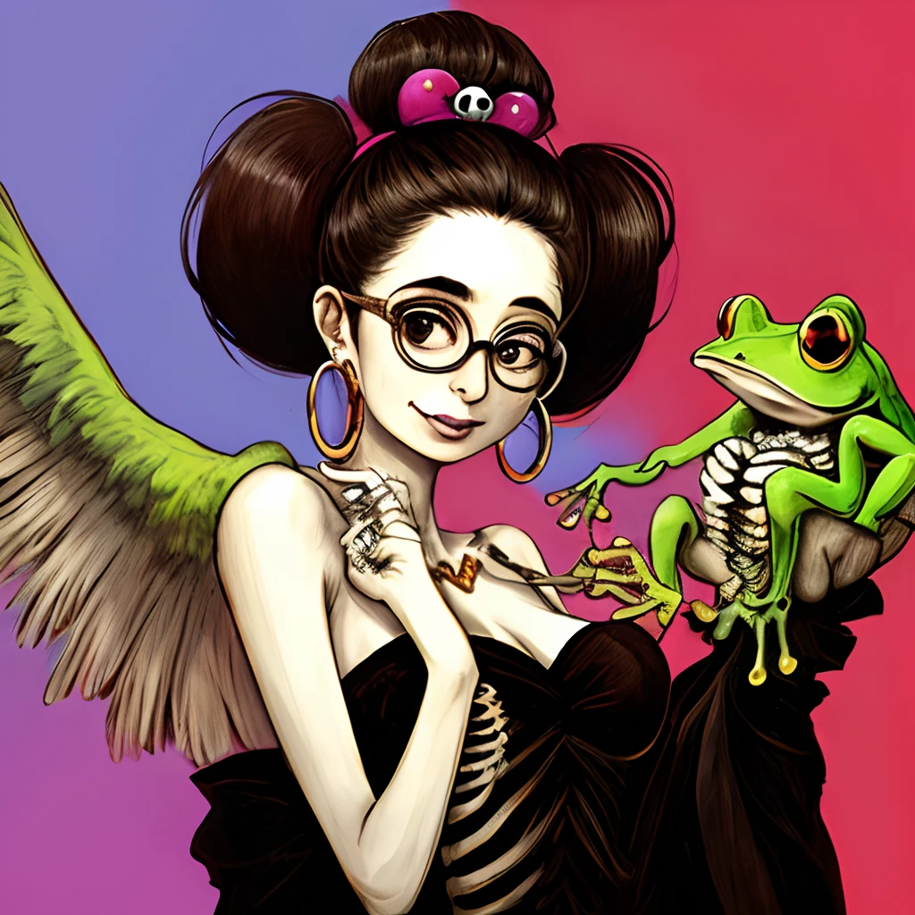 A frog woman with glasses and hoop earings mixed with a bird and skeleton