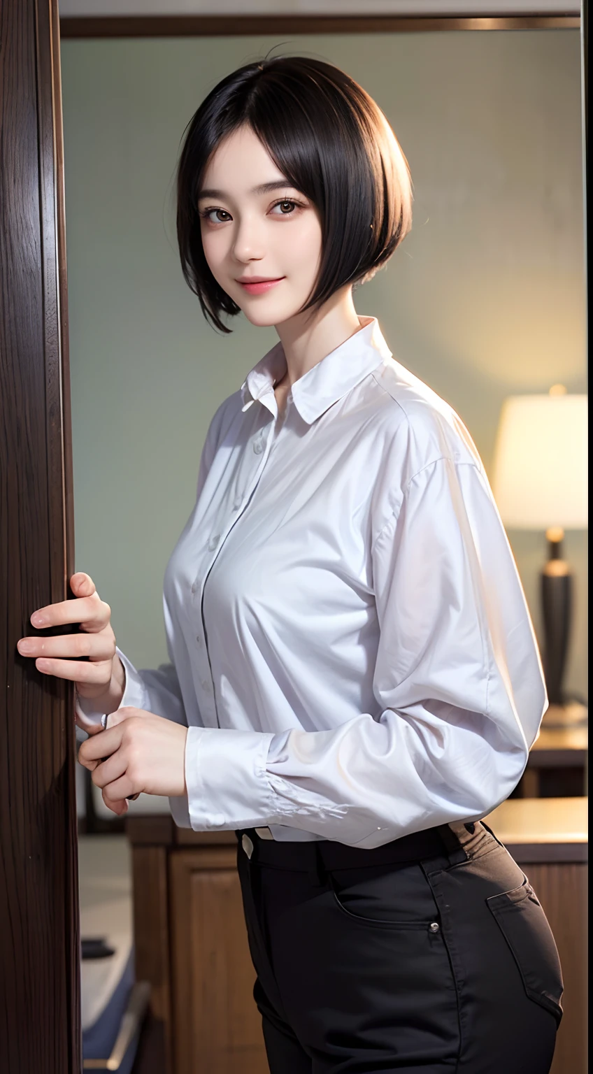 93
(a 20 yo woman,is standing), (A hyper-realistic), (masutepiece), ((short-hair:1.46)), (Smooth black hair), wear long pants, (Wearing a long-sleeved shirt with a floral print), (painterly、picture frame), (Gentle smile), (Keep your mouth shut)