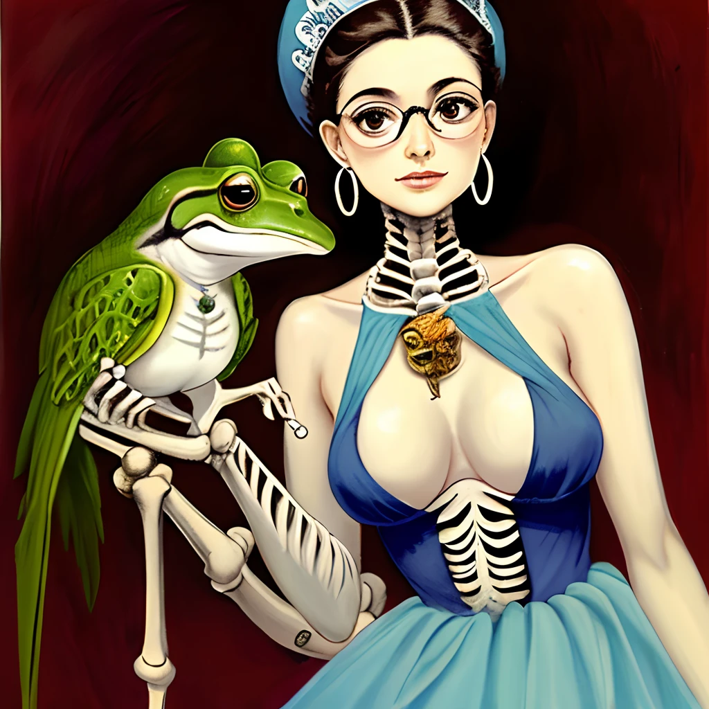 A frog woman with glasses and hoop earings mixed with a bird and skeleton