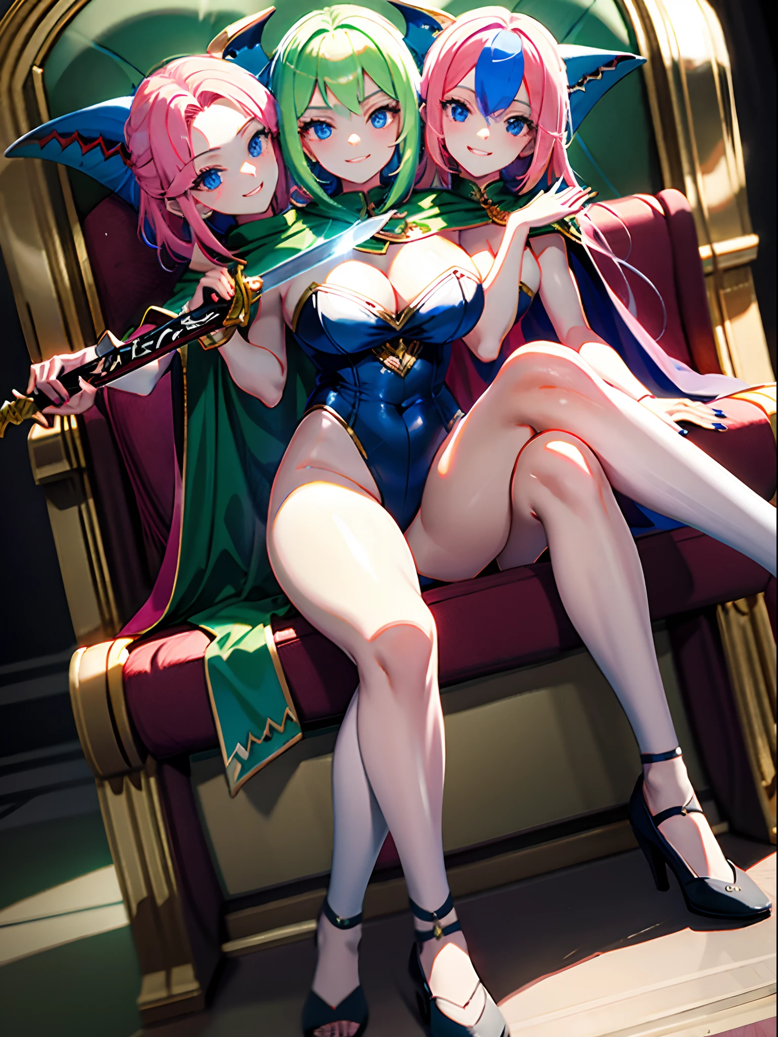 (masterpiece, best quality), best resolution, (3heads:1.5), dynamic angle, leotard, holding a sword, 1girl, smug, blonde hair, pink hair, blue hair blue eyes, cape, sitting on a throne, legs crossed, wide hips, shark teeth, flat chest, big thighs, princess, black nails