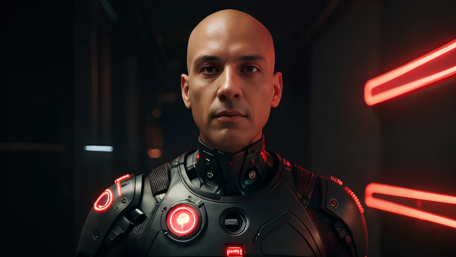Centralizado, photo-realistic, 8k, altamente detalhado, Retrato realista de homem careca, The body looks at the camera, olhando para o espectador de frente, in a flash suit with intricate angled cybernetic Cyberpunk implants, Wide backdrop with red neon lights, Foto premiada, Bokeh, red neon lights, Cybernetic body and arm with red detail
