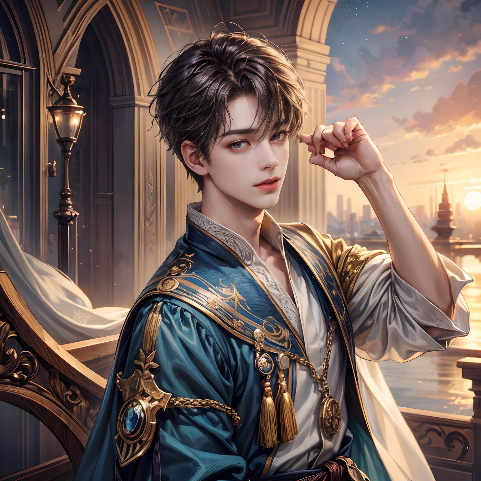 (masterpiece, top quality, best quality, official art, beautiful and aesthetic:1.2), boy, handsome, extreme detailed faces, (fractal art:1.3), colorful, highest detailed, (perfect face), shiny skin, HDR, cantarella, extremely detailed dress, detailed background
